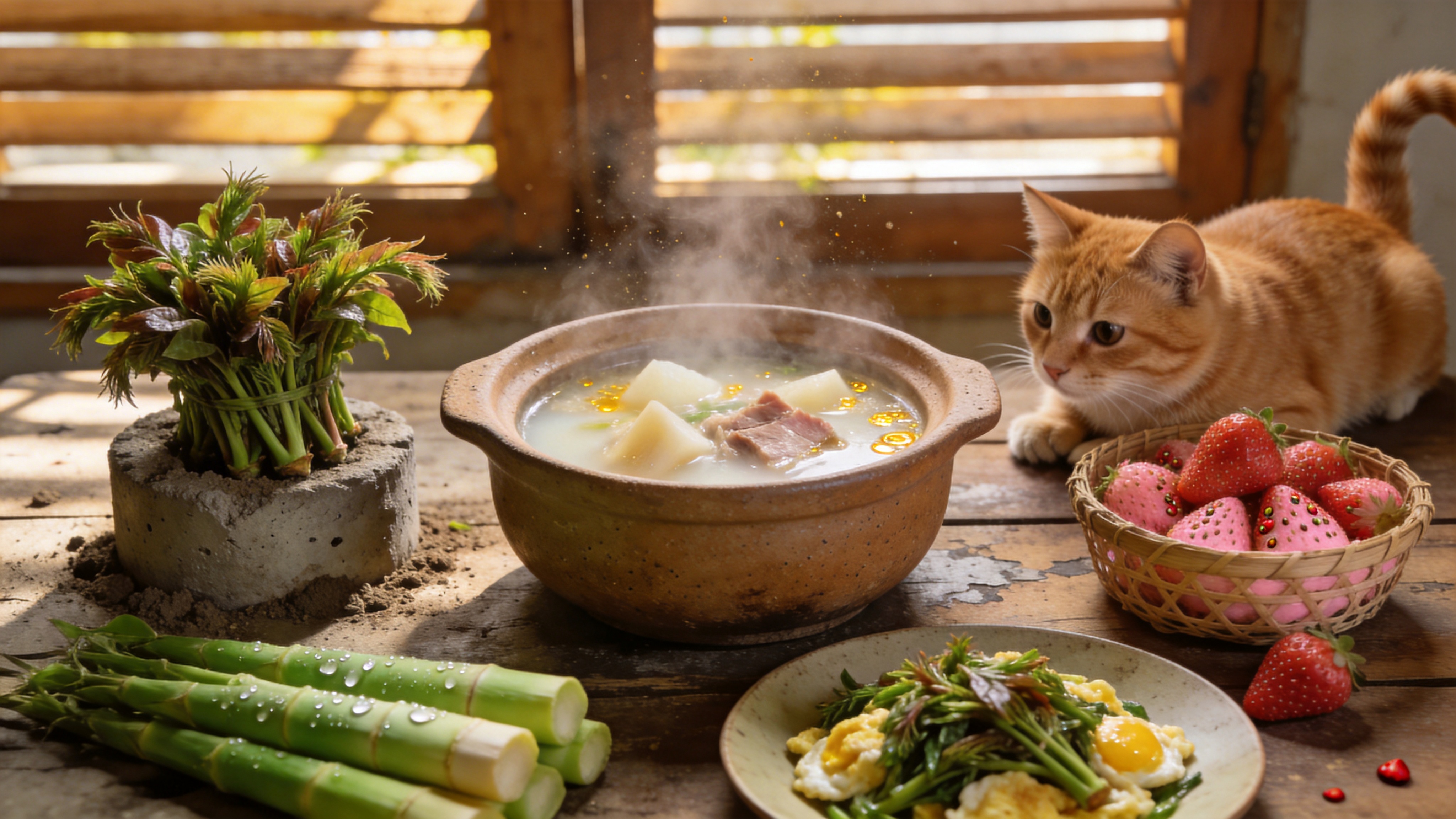 画面呈现的是 2026 年 3 月下旬的一处乡野厨房场景，充满了时令美食的诱惑。一张斑驳的旧木桌上，摆放着刚刚采摘的春日食材：一把带着露水和泥土气息的鲜嫩香椿芽，几个翠绿欲滴的春笋，还有一篮粉红的草莓。画面中央是一个冒着热气的粗陶砂锅，里面炖着春笋腌笃鲜，汤色奶白浓郁，几块咸肉和鲜肉若隐若现。透过木质的百叶窗，午后的阳光洒在桌面上，形成斑驳的光影，空气中似乎漂浮着细小的尘埃和食材的香气。一只橘猫正趴在桌角，好奇地盯着那盘香椿炒鸡蛋，尾巴微微翘起。

当代超写实主义美食摄影风格，采用 50mm f/1.8 大光圈镜头效果。色调温暖治愈，以暖黄、木棕和食材的自然绿色为主，高光柔和，阴影部分带有暖调。质感极其真实，能看清香椿芽上的绒毛、砂锅表面的陶土颗粒、汤面浮动的油花以及草莓表面的籽。景深较浅，聚焦于砂锅和前景的香椿，背景虚化处理，营造出温馨、家常、充满生活气息的氛围。