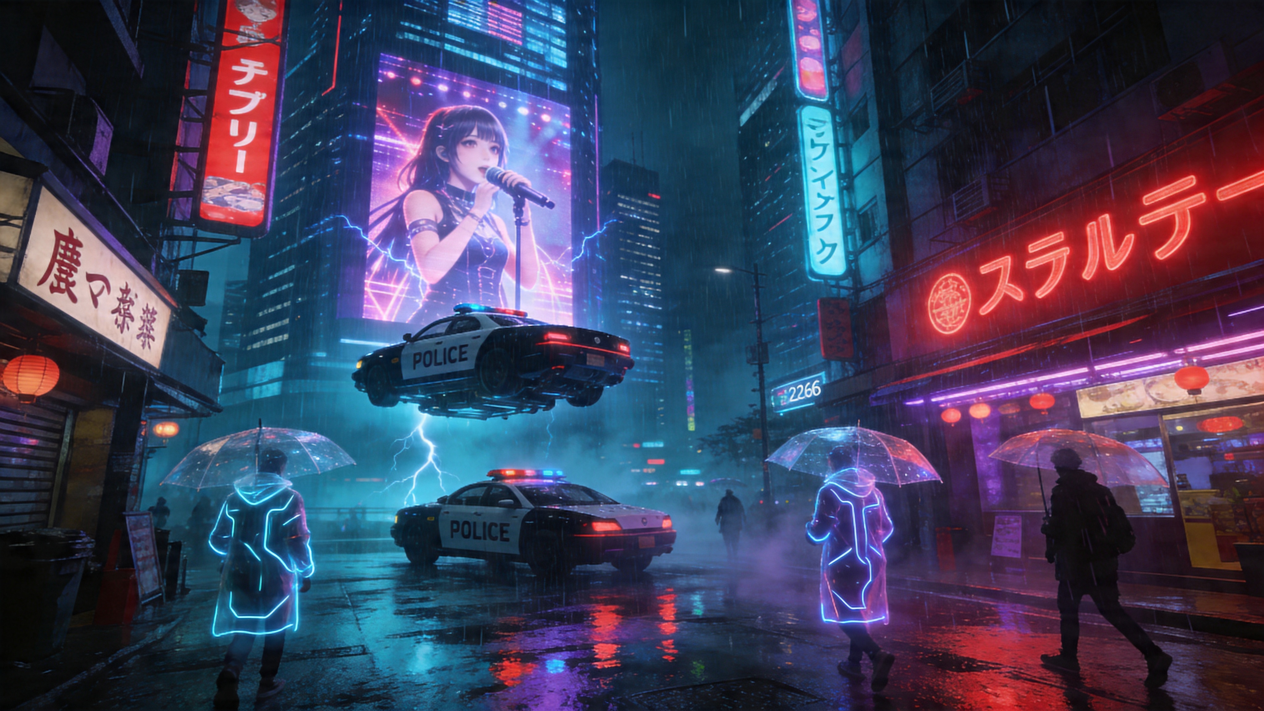 一个充满未来科技感的赛博朋克城市雨夜，设定在2026年的4月。雨水倾盆而下，打湿了霓虹闪烁的街道。画面主体是一辆反重力悬浮警车，正停在一座高耸入云的摩天大楼前，大楼的外墙上覆盖着巨大的全息投影广告，广告中是一位虚拟偶像在演唱。街道两旁的店铺招牌显示着日文和中文的混合字符，路面上倒映着五颜六色的灯光。几个穿着带有发光线条风衣的路人撑着透明的电子伞匆匆走过，空气中弥漫着湿润的雾气和电流的嗡嗡声。

硬核赛博朋克概念艺术风格，强烈的视觉冲击力。色调以冷色调的青蓝色和暖色调的洋红色、霓虹紫为主，形成经典的高对比度互补色。光影强调戏剧性的伦勃朗光与体积光，雨水和湿滑地面的反射处理得非常细腻。画面具有颗粒感，仿佛是高感光度的胶片摄影，营造出潮湿、拥挤但迷人的末世繁华感。