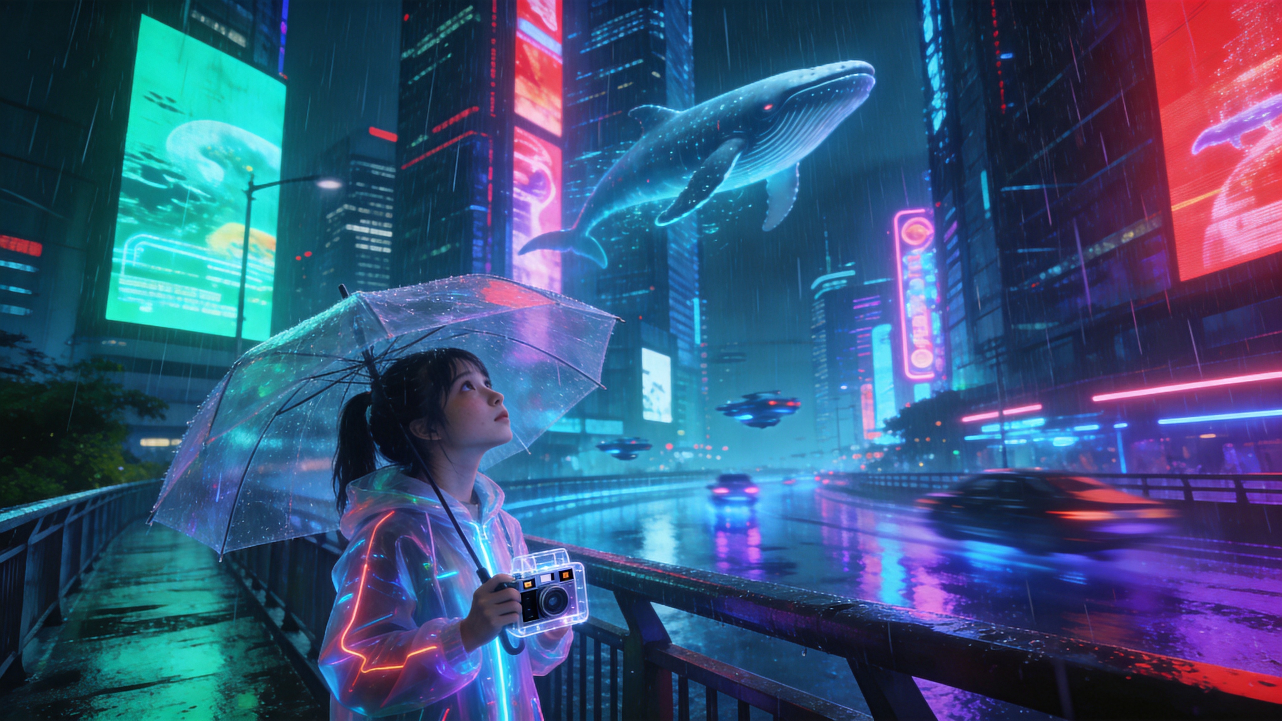 2026年5月的未来都市街头，霓虹灯在初夏的细雨中反射出迷幻的光彩。街道两旁是高耸入云的摩天大楼，外墙覆盖着动态的全息广告屏，巨大的虚拟鲸鱼正在楼宇间游动。一个穿着发光机能风雨衣的少女撑着透明伞站在人行天桥上，手里拿着一个复古的透明胶片相机，正仰望着天空。雨水像丝线一样落下，地面湿漉漉的，倒映着蓝紫色的灯光和飞驰而过的悬浮车流，整个场景既冷峻又充满生机。

赛博朋克概念艺术风格，强调强烈的冷暖对比色，以青色、洋红和电光蓝为主色调。光影具有电影级的体积光效果，雨丝和霓虹灯的辉光处理得非常细腻。画面具有高饱和度和锐利的边缘，材质上强调湿润感、金属质感和玻璃的反光，营造出一种潮湿、拥挤但科技感十足的未来氛围。