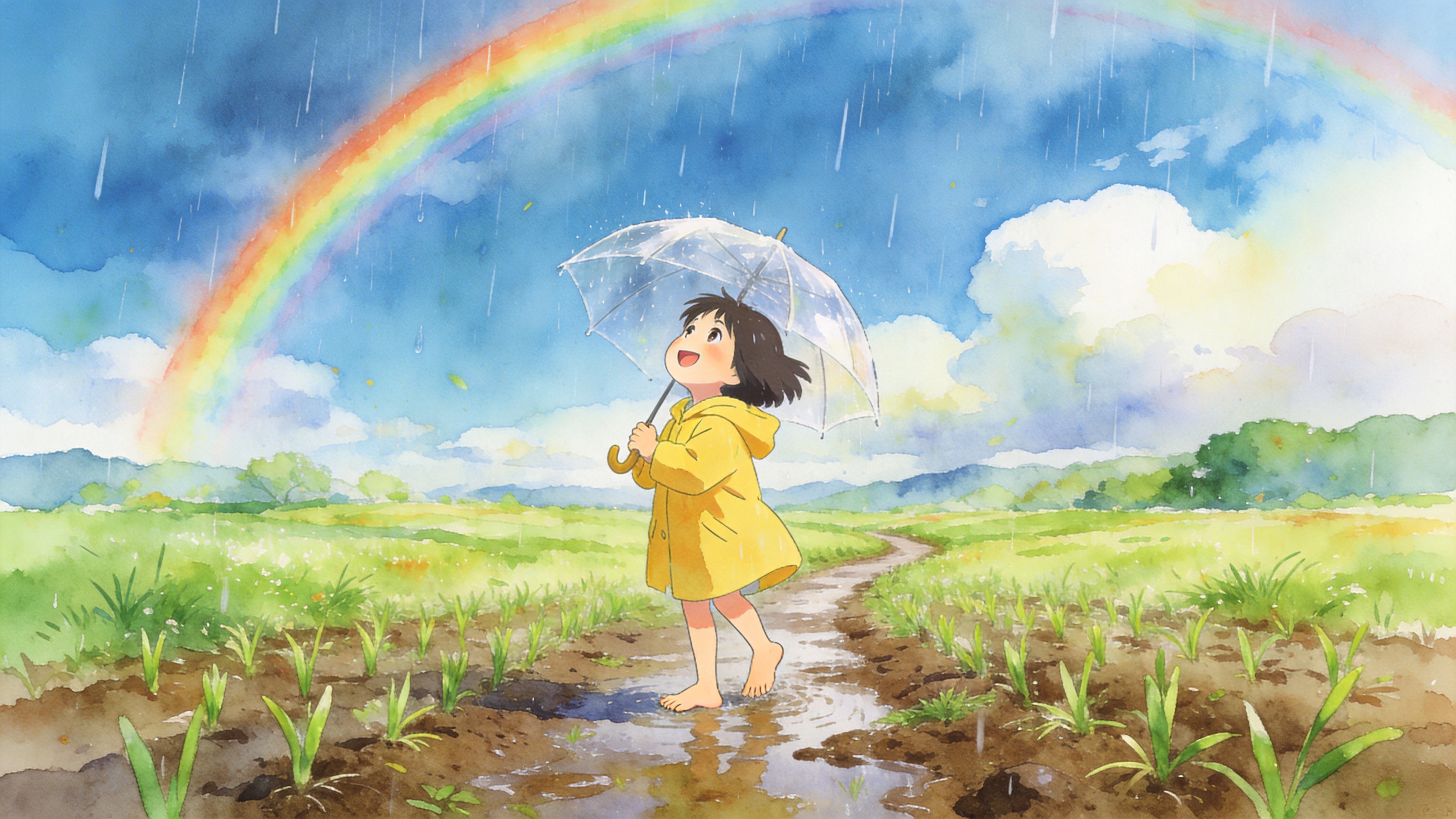 初春的田野里，一个小女孩穿着明黄色的雨衣，赤脚踩在泥泞的小径上，手里举着一把透明的雨伞，仰头看着天空中飘落的细雨和彩虹，脸上洋溢着纯真的笑容，周围是刚发芽的嫩绿草地。

吉卜力动画风格，水彩手绘感，高饱和度明快色彩，细腻的线条，治愈系氛围，宫崎骏电影场景，充满希望与童真，4K动漫壁纸。