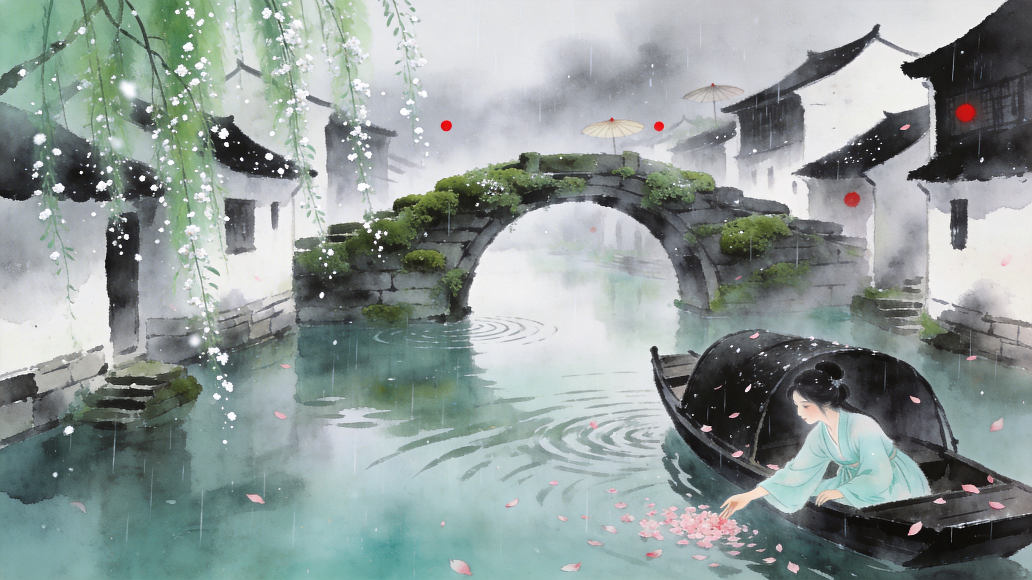 画面定格在暮春四月的江南水乡，一座布满青苔的石拱桥横跨在平静的河面上。细雨蒙蒙，水面上泛起层层涟漪。一艘乌篷船缓缓划过，船头坐着一位身着淡青色汉服的少女，她正侧身伸手去触碰水面漂浮的一片粉色落瓣。两岸的白墙黑瓦被雨雾笼罩，几枝垂柳的嫩绿枝条探入画面左上方，柳絮如雪花般在空中飞舞。远处隐约可见油纸伞的红点，点缀在灰蒙蒙的背景中，营造出一种‘落花时节又逢君’的诗意氛围。

新中式美学风格，融合了工笔画的细腻与水彩画的通透。色调以青绿、灰白为主，点缀淡粉和朱红。光影处理柔和，强调空气中的湿润感和雨雾的体积光。笔触细腻流畅，注重意境的留白，具有高精度的8K壁纸质感，画面如梦似幻，充满东方的含蓄之美。
