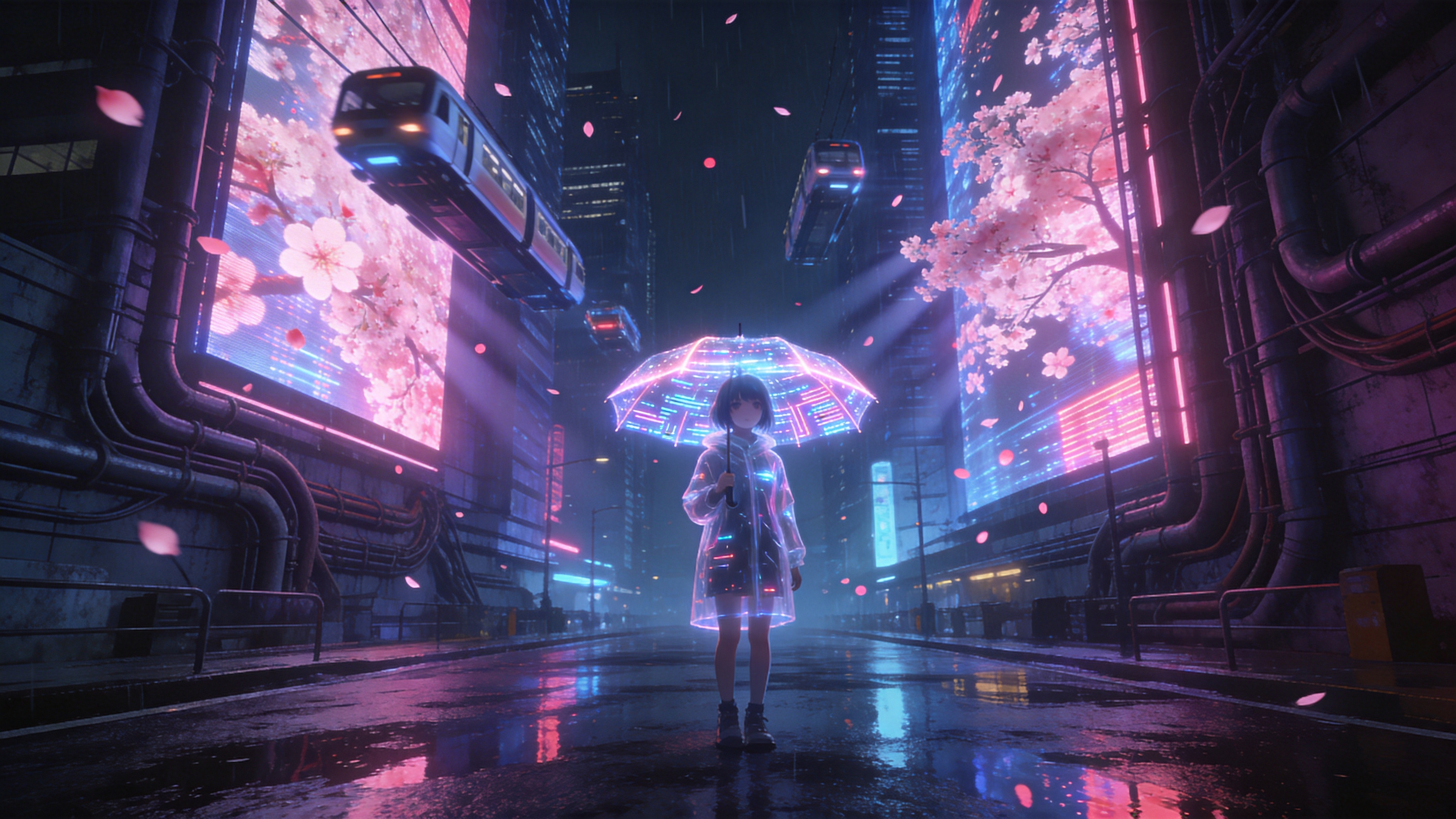 未来的东京街头，2026年4月雨后的夜晚。巨大的全息樱花投影在摩天大楼之间飘落，粉色的电子光点与湿漉漉的柏油路面上的霓虹倒影交相辉映。街道中央站着一位身穿高科技透明雨衣的少女，她撑着一把发光的伞，伞面上流动着数字代码。背景是高耸入云的赛博建筑，复杂的管道和电缆如同血管般攀附在墙面上，空中悬浮着几辆飞驰的磁悬浮列车，整个场景既冷酷又充满了浪漫的科技美感。

赛博朋克电影概念艺术，高对比度，主色调为霓虹粉、电光蓝和深紫。光影具有强烈的戏剧性，利用体积光和丁达尔效应渲染雨后的湿润感。材质强调金属、玻璃和全息投影的质感，画面锐利清晰，带有轻微的胶片颗粒感，营造出一种迷幻而真实的未来氛围。