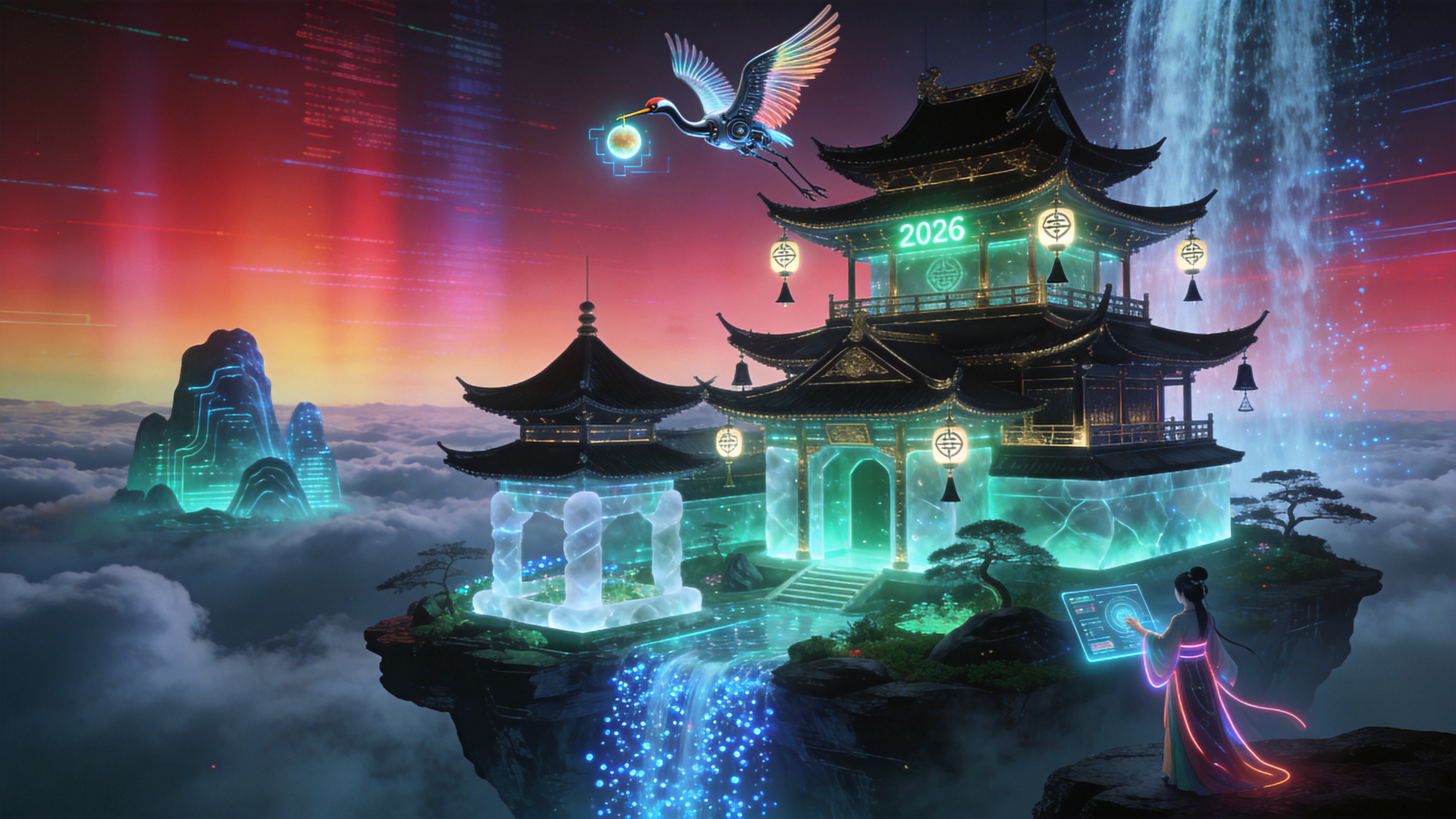 一座漂浮在云端之上的未来主义中式园林建筑，融合了2026年的科幻美学与古典苏州园林结构。亭台楼阁由发光的半透明玉石和黑金金属构建，飞檐翘角上悬挂着发光的符文灯笼，代替了传统的风铃。建筑周围环绕着全息投影出的假山和流动的数字水流，这些水流由无数发光的蓝色粒子组成，在空中汇聚成瀑布倾泻而下。天空中不是白云，而是渐变的极光色数据流，一只机械鹤扇动着光纤羽毛飞过建筑上方，嘴里衔着一颗发光的电子丹药。画面右下角，一位身着带有霓虹光带汉服的女子正操控着浮空界面，似乎在调节这座空中花园的气候系统，将夏日的余热缓缓驱散。

赛博朋克与东方幻想结合的概念艺术风格，强烈的冷暖对比色调，霓虹青、洋红与金属黑的碰撞。强调光影的渲染和材质的对比（古朴木材与光滑金属），体积光效果明显，画面具有电影级的宽视野和史诗感，细节丰富充满未来科技感。