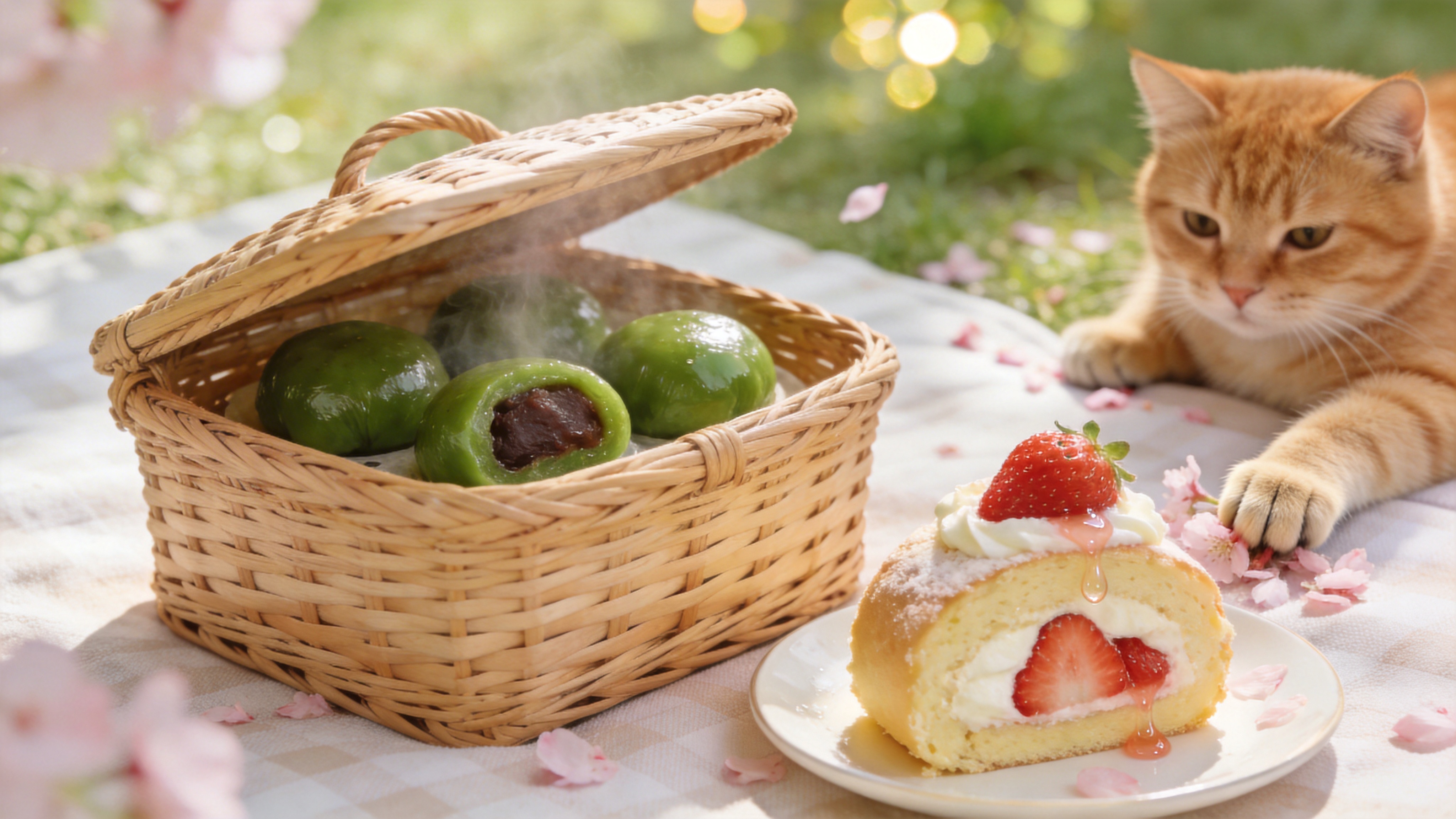 一张温馨的春日野餐特写。画面中心是一个编织精美的藤编野餐篮，盖子半开，露出里面刚出炉的、热气腾腾的青团，表皮油润翠绿，隐约透出里面的豆沙馅。旁边摆放着一盘切开的草莓奶油蛋糕，蛋糕体松软，草莓新鲜欲滴，还挂着晶莹的水珠。一只慵懒的橘猫正趴在野餐垫的一角，好奇地伸出爪子想要去碰旁边散落的几颗樱花瓣。背景是虚化的草地和透过树叶洒下的斑驳阳光，光斑在画面中跳跃，营造出午后暖洋洋的惬意感。空气中仿佛能闻到青草的奶香和糯米的清甜。

日系清新摄影风格。采用微距镜头拍摄，景深浅，背景虚化柔和（Bokeh效果）。色调明亮温暖，带有低对比度的胶片感，偏向米白、淡粉和草绿的温柔色系。光线为自然顶光，强调食物的纹理和光泽感，奶油般的质感处理。画面构图饱满但不拥挤，充满生活气息和治愈感，类似森山大道或滨田英明的美食摄影作品。