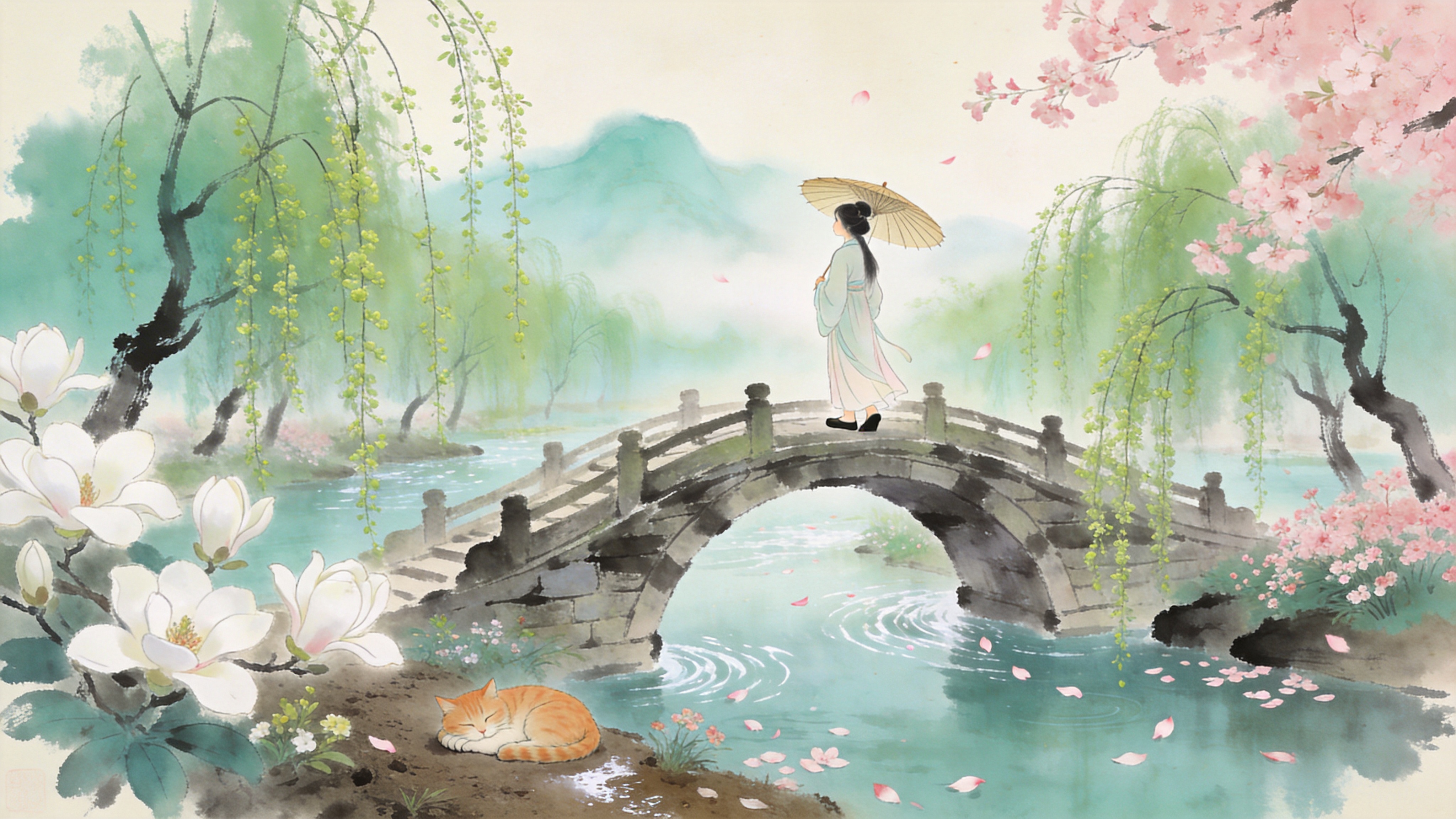2026年3月中旬的早春时节，画面中心是一座古朴的东方石拱桥，桥下流水潺潺。两岸的垂柳刚刚抽出嫩绿的新芽，柳枝随风轻拂水面，泛起层层涟漪。远处是淡青色的山峦，在晨雾中若隐若现。河岸边，几株白玉兰和粉色的早樱正在盛开，花瓣飘落在水面上。一位身着淡雅汉服的少女撑着一把油纸伞站在桥头，回首望向远方，脚边有一只慵懒的橘猫正在打盹。空气中弥漫着湿润泥土和花草的清香，整个场景充满了生机勃勃的春日气息。

新中式国风水墨风格，结合工笔画的细腻与水墨画的写意。色调以青绿、淡粉、米白为主，营造清雅高古的氛围。光影柔和，采用漫射光效果，强调空气感。笔触流畅自然，注重留白意境，画面具有像宣纸一样的温润质感，边缘带有淡淡的墨韵晕染。