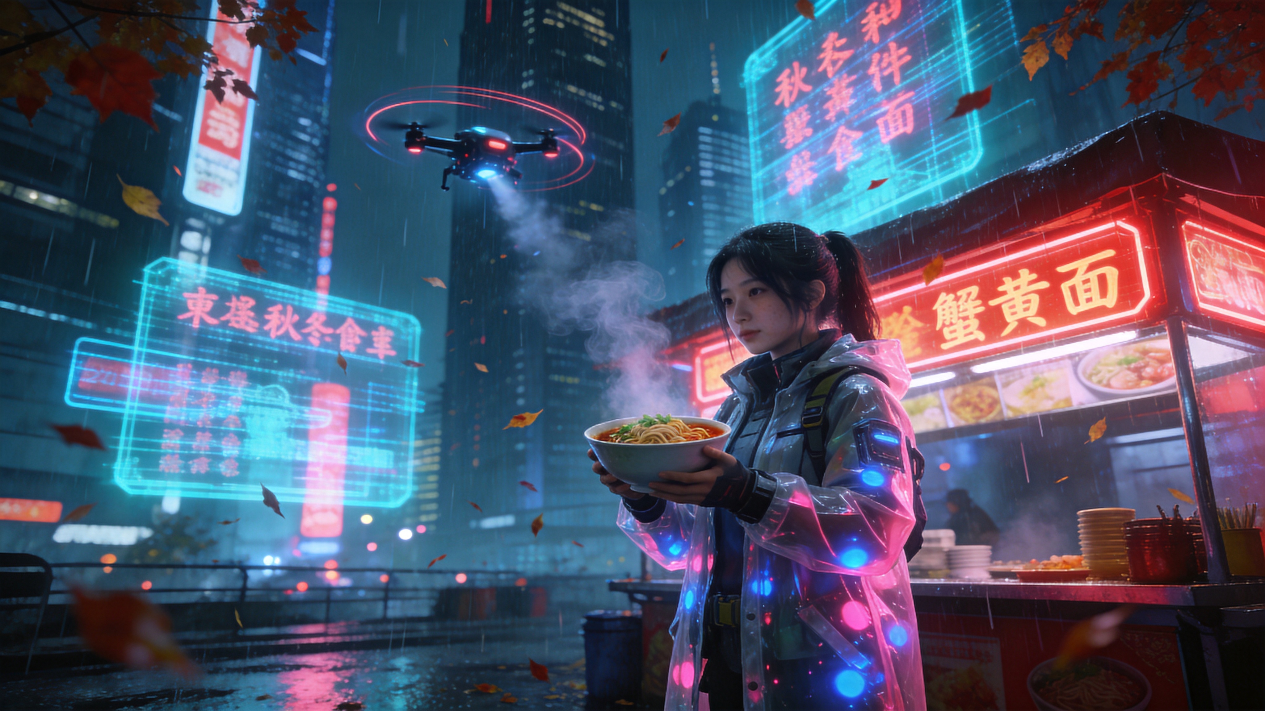 2026年近未来秋分时节的赛博朋克都市街角，天空中飘着细雨与全息落叶的交织物。一位穿着机能风防风夹克的女孩站在霓虹闪烁的面摊前，透明雨衣上倒映着蓝粉色的光斑。她手中捧着一碗热气腾腾的合成蟹黄面，蒸汽向上飘散与空中的悬浮无人机光轨融合。背景是高耸入云的摩天大楼和层层叠叠的繁体中文全息投影广告牌，秋意与科技感碰撞。

3D渲染赛博朋克风格，强烈的青蓝与洋红霓虹色调对比，高反差光影。画面具有虚幻引擎5的次世代质感，金属与玻璃材质极其逼真，雨水反射出电影级的高光，焦外有华丽的散景光斑，画面充满未来感与微凉的秋夜氛围，8k分辨率。