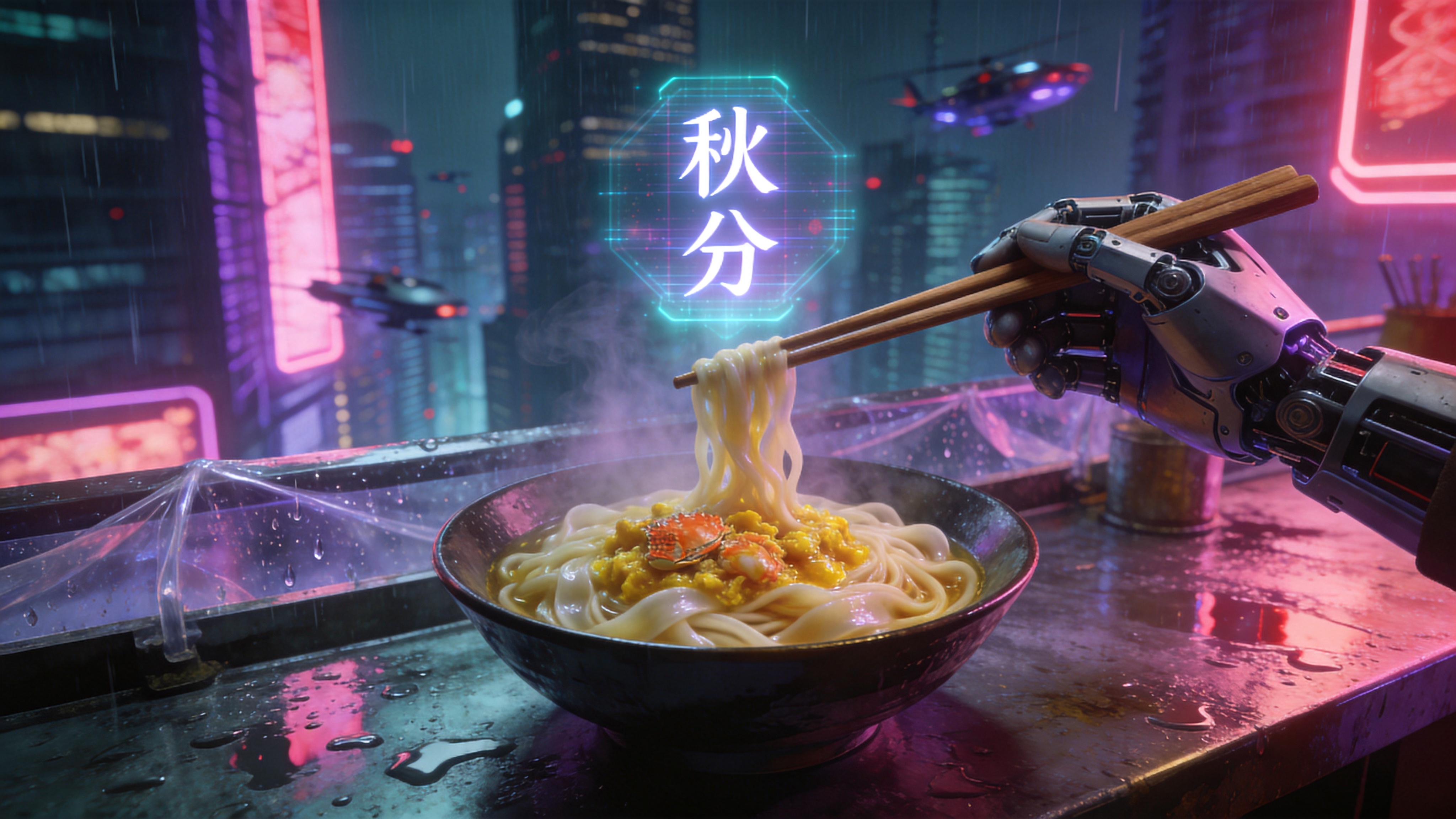 秋分之夜的赛博朋克都市，一家隐秘的露天高空面馆正冒着热气。面碗里盛着金黄的蟹粉与晶莹剔透的手擀面条，上方漂浮着全息投影的'秋分'节气字样。吧台前，一只机械义肢的手正用木质长筷挑起面条，背景是密集的摩天大楼和穿梭的飞行器，霓虹灯的粉紫光芒倒映在湿润的合成金属桌面上，冷雨敲打着透明防雨罩，市井烟火与未来科技在此刻交织

赛博朋克风格，高对比度冷色调搭配局部暖光，强烈的粉青与紫红霓虹光晕，精致的金属与玻璃反射质感，微距景深效果，画面充满未来废土感与东方美食的温度冲突