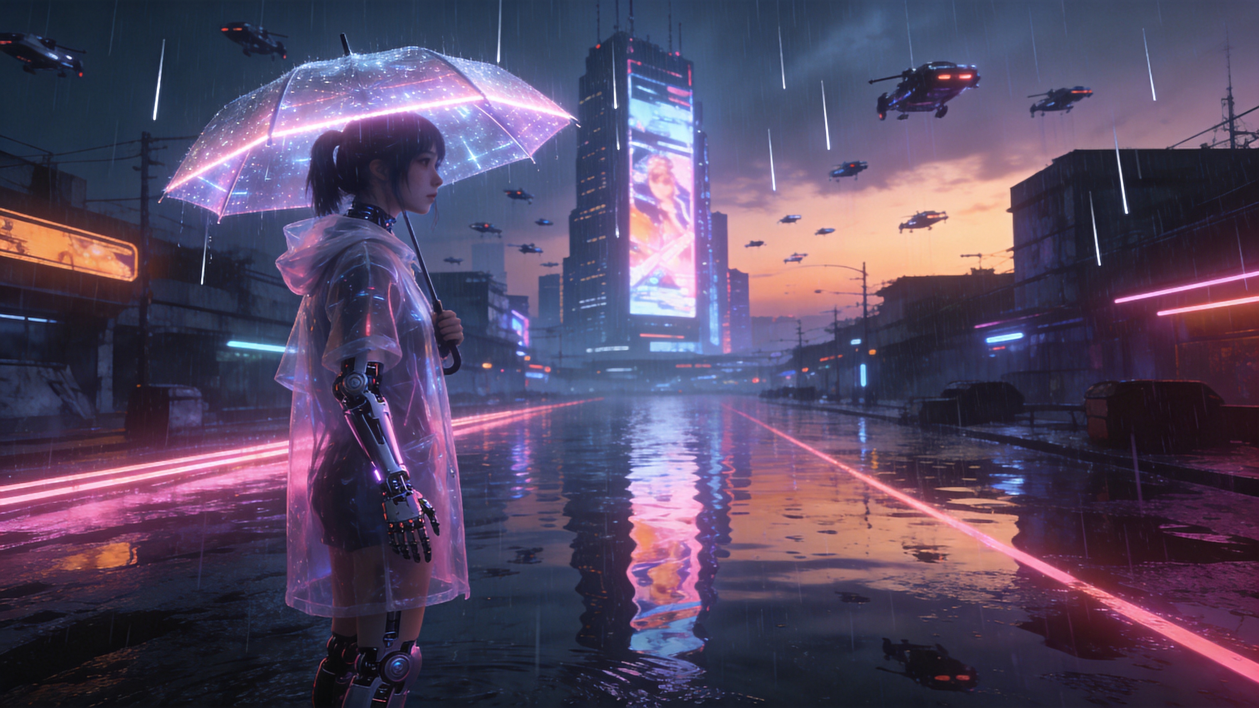 2026年的未来城市，正处于梅雨季节的黄昏。画面展示的是被雨水淹没的赛博朋克街道，积水倒映着高耸入云的全息广告牌，霓虹灯的光芒在水中拉出长长的光轨。一位身穿透明雨衣的少女撑着一把发光的伞站在雨中，她的机械义肢在粉紫色的霓虹灯下闪烁着冷冽的金属光泽。天空中飘浮着无数悬浮飞车，雨丝像银色的针线一样贯穿整个画面，营造出一种潮湿、迷离且充满科技孤独感的氛围。

赛博朋克概念艺术，虚幻引擎5渲染，体积光，光线追踪，电影级构图，冷色调与暖色霓虹对比，湿滑的金属质感，雨夜氛围，杰作，极致细节。
