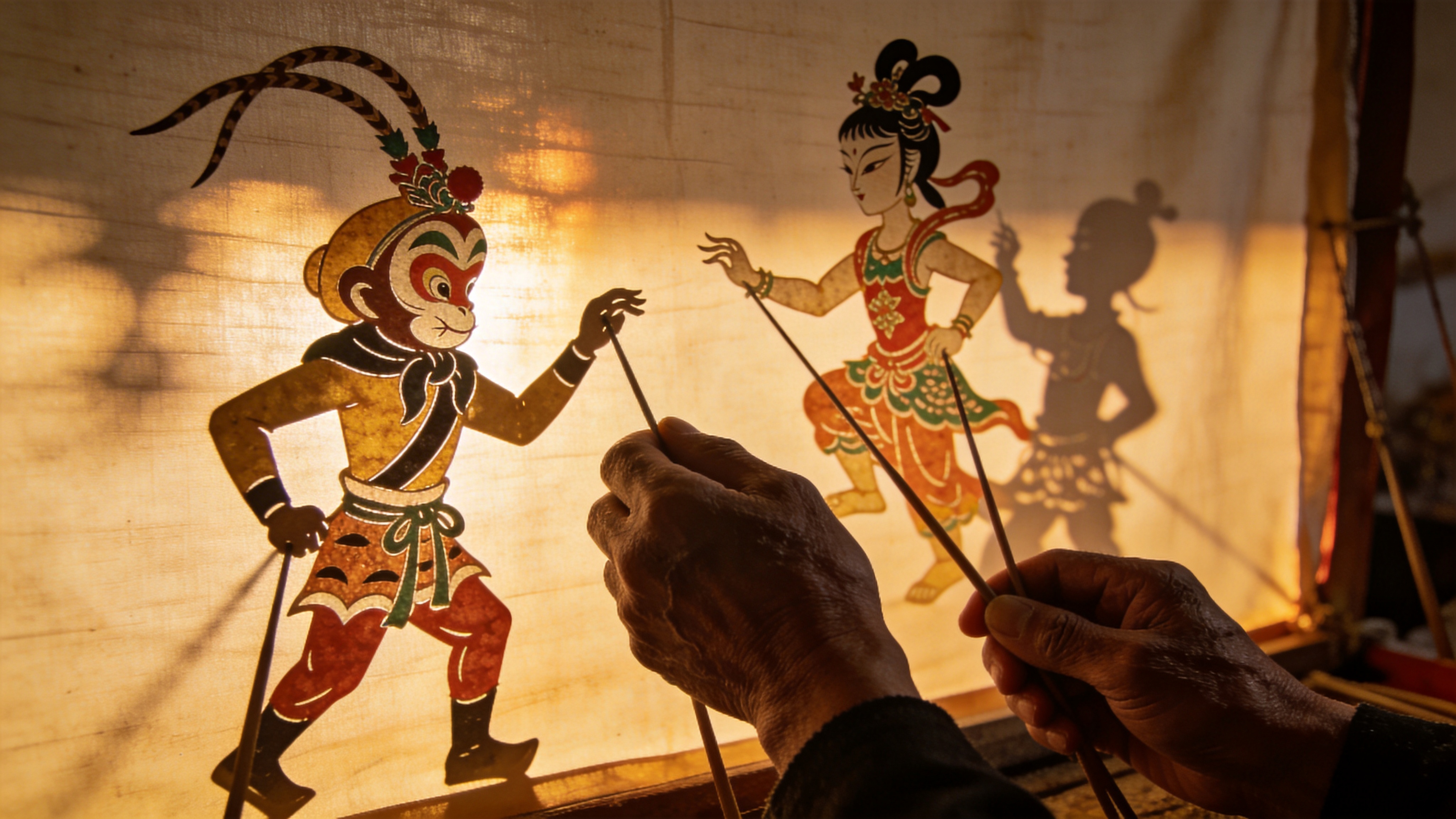 中国传统皮影戏的幕后场景，灯光从幕布后透出，映照出精美的皮影剪影（孙悟空大战哪吒），幕布前是操纵皮影的艺人粗糙的手，充满了非遗文化的传承感。

人文纪实摄影，暖色调，光影斑驳，质感真实，胶片颗粒，故事感强，黑白与彩色的局部处理，文化沉淀感。