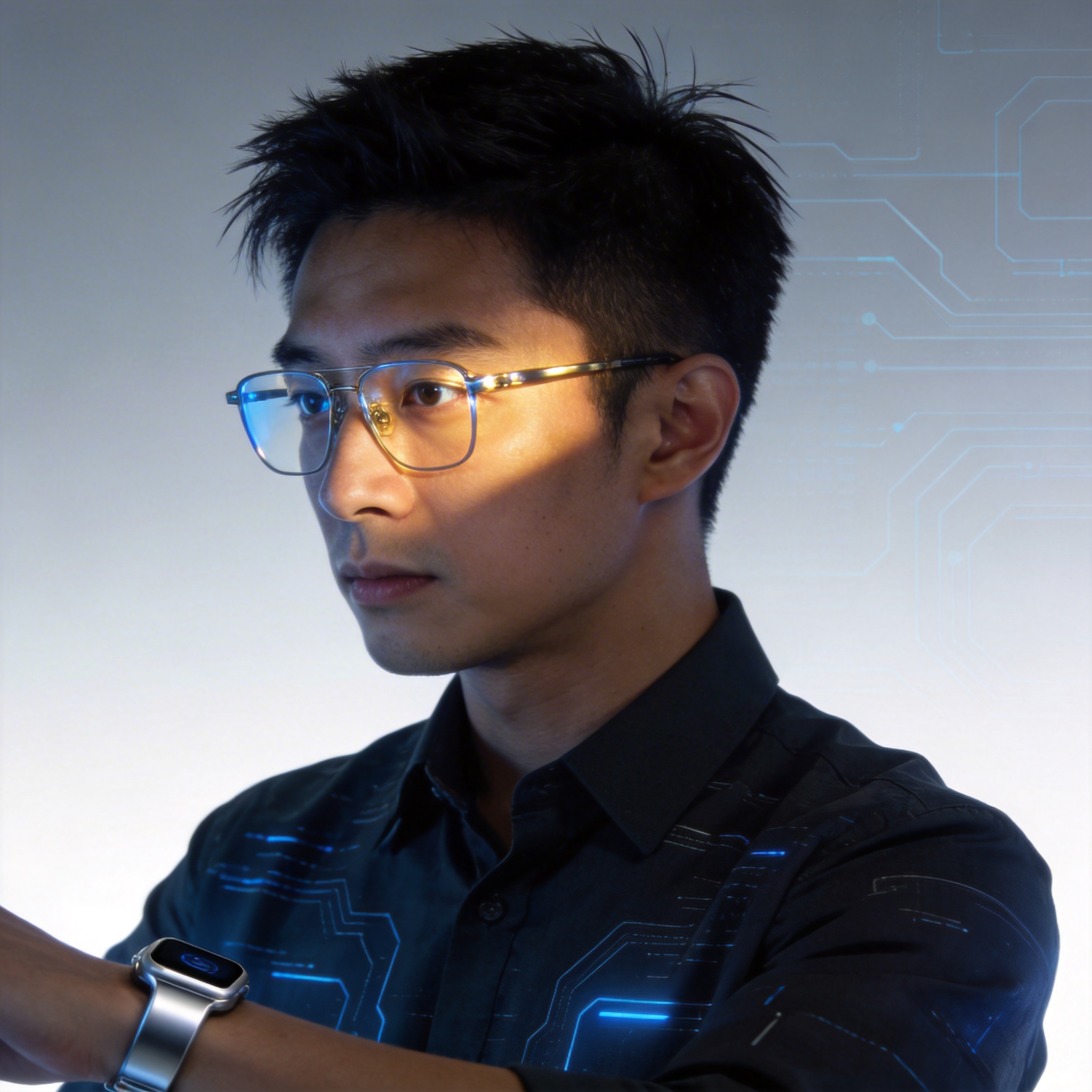 生成一个 AI 科技博主的头像

高质量，专业摄影，细节丰富