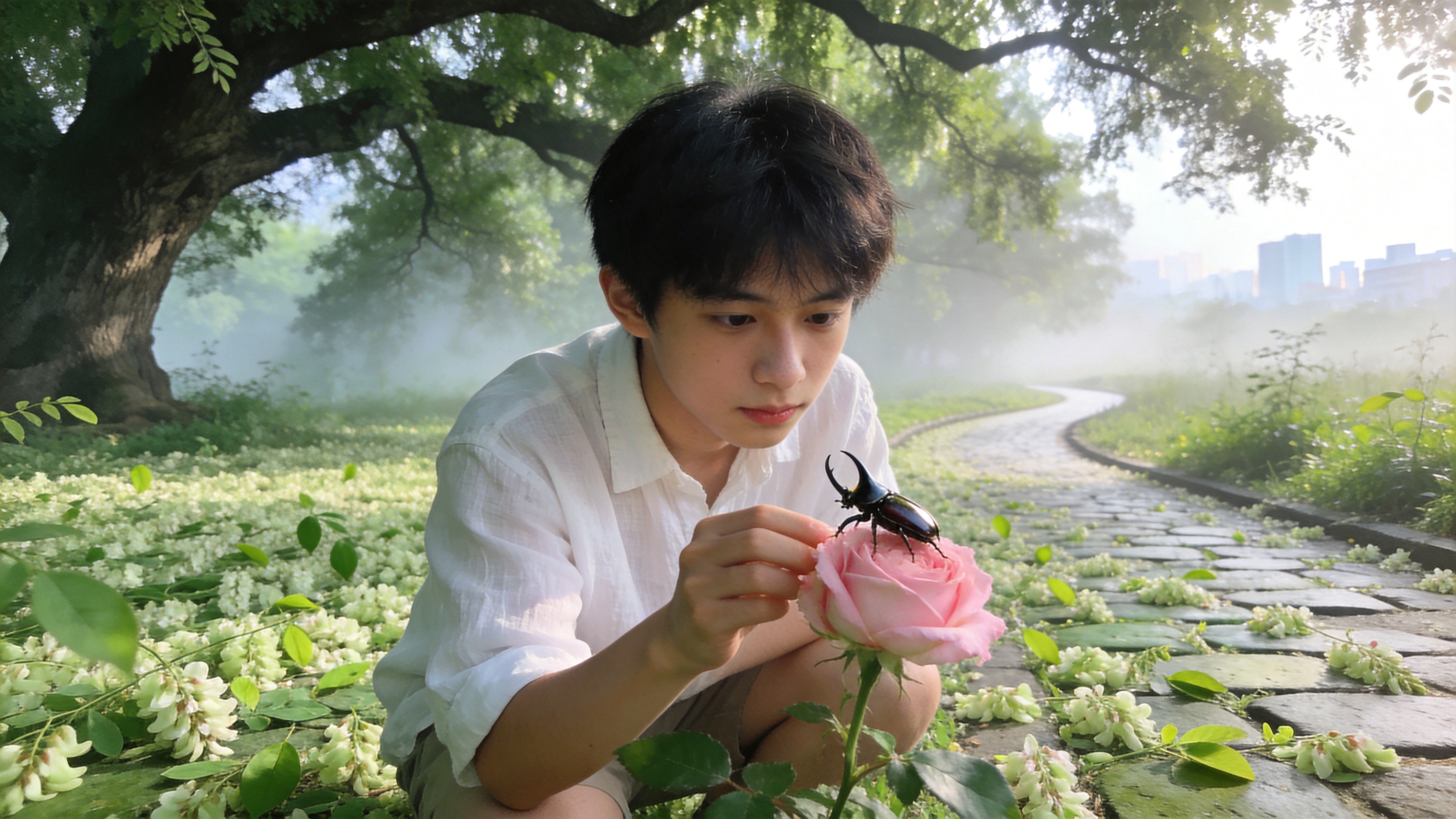 2026年初夏的清晨，阳光透过茂密的古槐树叶洒下斑驳的光影。画面中央是一条蜿蜒的青石板路，路面上铺满了飘落的淡绿色槐花和初生的嫩叶。一位穿着白色亚麻衬衫的少年正蹲在路边，专注地观察一只停在粉色月季花上的独角仙。空气中弥漫着清新的草木香气，远处隐约可见朦胧的晨雾和苏醒的城市轮廓，整个场景充满了生机勃勃的初夏气息。

日系清新摄影风格，高明度低对比度，森系色调。使用 35mm 镜头拍摄，大光圈虚化背景，强调前景的锐利质感。光线柔和通透，带有空气感，色彩以嫩绿、米白和淡粉为主，呈现出一种宁静、治愈且充满希望的视觉效果。