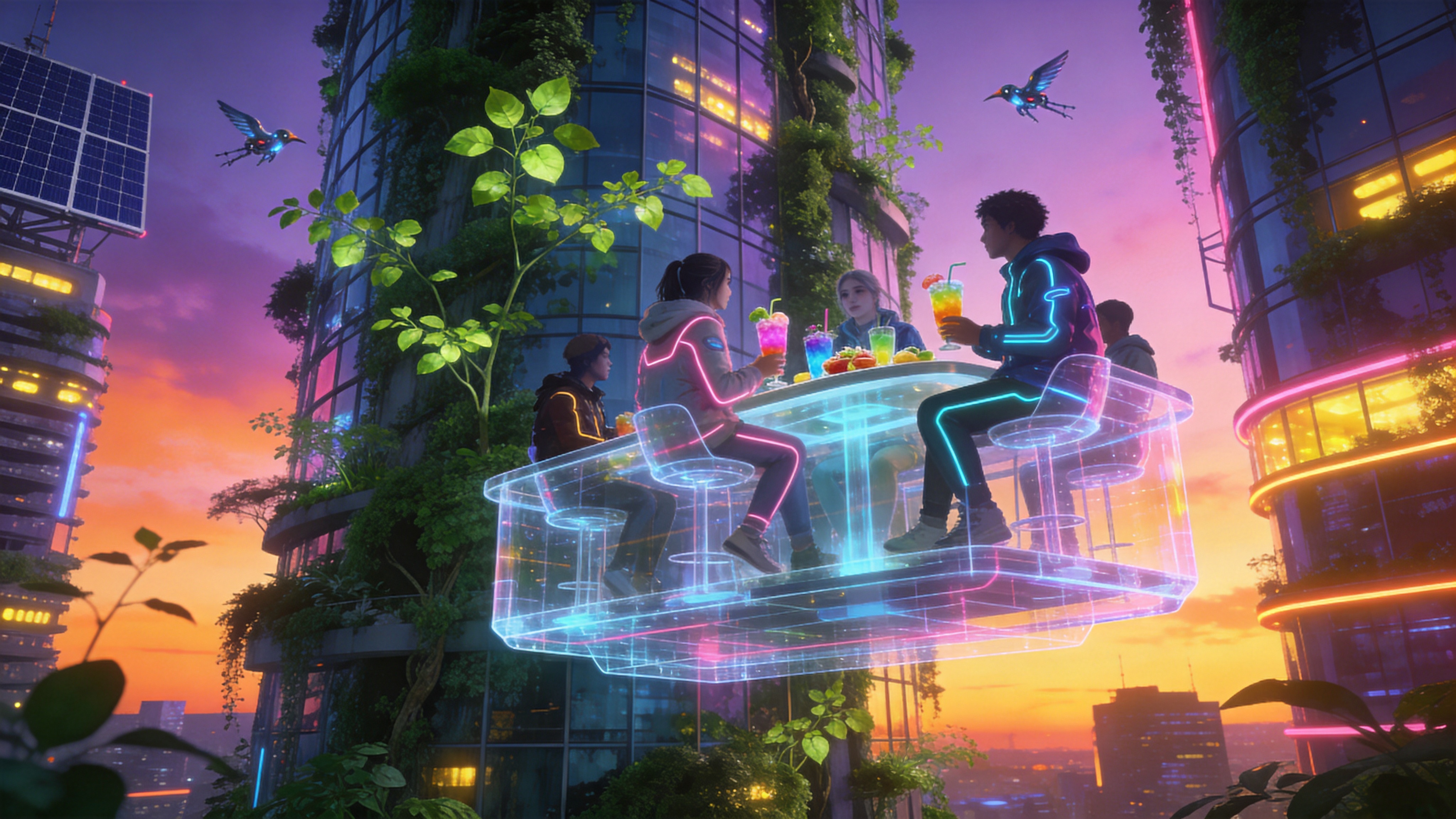 一个充满未来感的垂直森林城市一角，时间是4月2日的黄昏。巨大的玻璃幕墙建筑表面覆盖着郁郁葱葱的垂直绿化植物，嫩绿的新叶在夕阳下闪闪发光。画面主体是一个悬浮的透明全息咖啡吧，几位穿着带有发光线条时尚春装的年轻人正围坐在一起，手中拿着色彩鲜艳的分子料理饮品。背景是渐变的紫橙色晚霞，与城市建筑中亮起的暖黄色霓虹灯光交相辉映，空中偶尔有几只仿生机械鸟飞过，科技与自然在这个春日的黄昏完美融合。

赛博朋克与太阳能朋克（Solarpunk）结合的概念艺术风格。强调高对比度、高饱和度的霓虹色彩，主色调为霓虹粉、电光蓝和生机勃勃的嫩绿。光影效果极具戏剧性，夕阳的暖光与冷色调的人造光源形成强烈冲突。材质上强调玻璃的通透、金属的冷峻以及植物的有机质感，画面锐利清晰，充满未来都市的活力与希望。