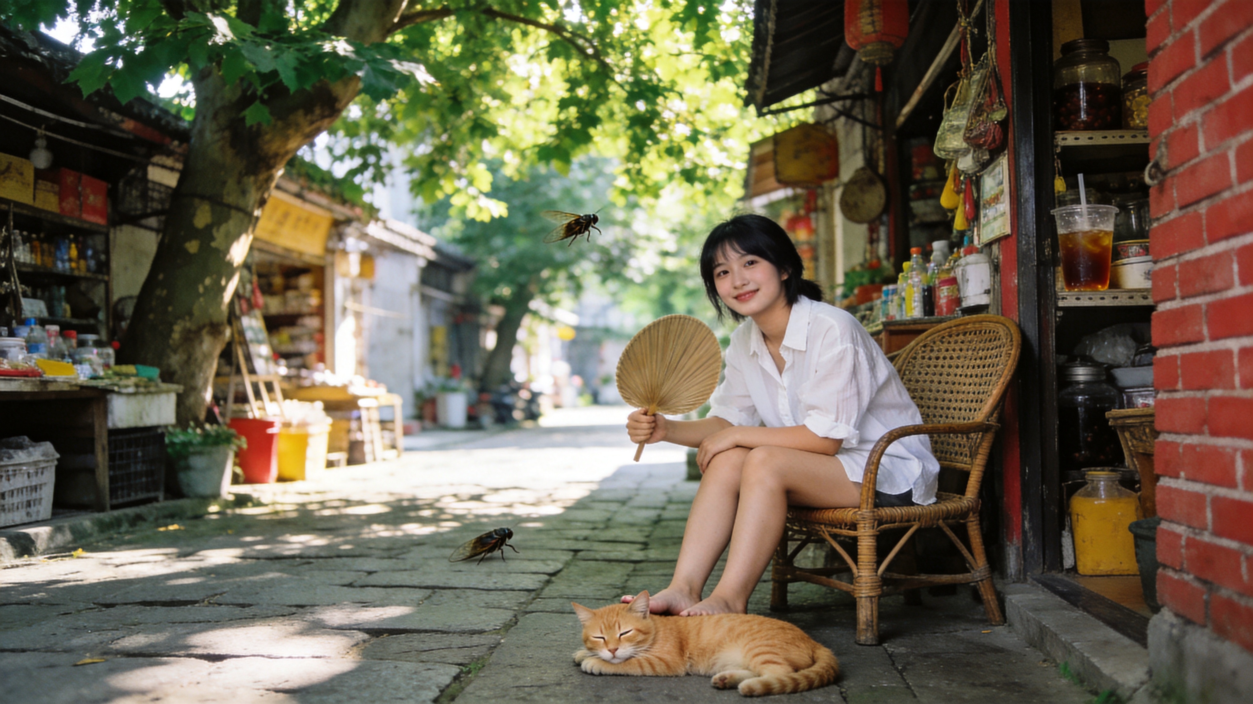 画面定格在2026年盛夏的午后，阳光透过茂密的梧桐树叶，在青石板路上洒下斑驳陆离的光影。街道两旁是充满烟火气的传统老街，一位穿着白色亚麻衬衫的少女正坐在一家复古杂货铺门口的藤椅上，手中拿着一把蒲扇轻轻摇曳。她脚边趴着一只慵懒的橘猫，眯着眼打盹。空气中似乎弥漫着冰镇酸梅汤的甜香和远处知了的鸣叫声，色彩以高饱和度的翠绿、暖黄和砖红为主，充满了夏日特有的热烈与宁静交织的怀旧感。

日系胶片摄影风格，柯达 Gold 200 胶片质感，带有轻微的颗粒感和漏光效果。色彩温暖浓郁，光影柔和自然，景深较浅，突出主体。画面边缘有暗角，营造出一种时光流逝的记录感和生活气息。