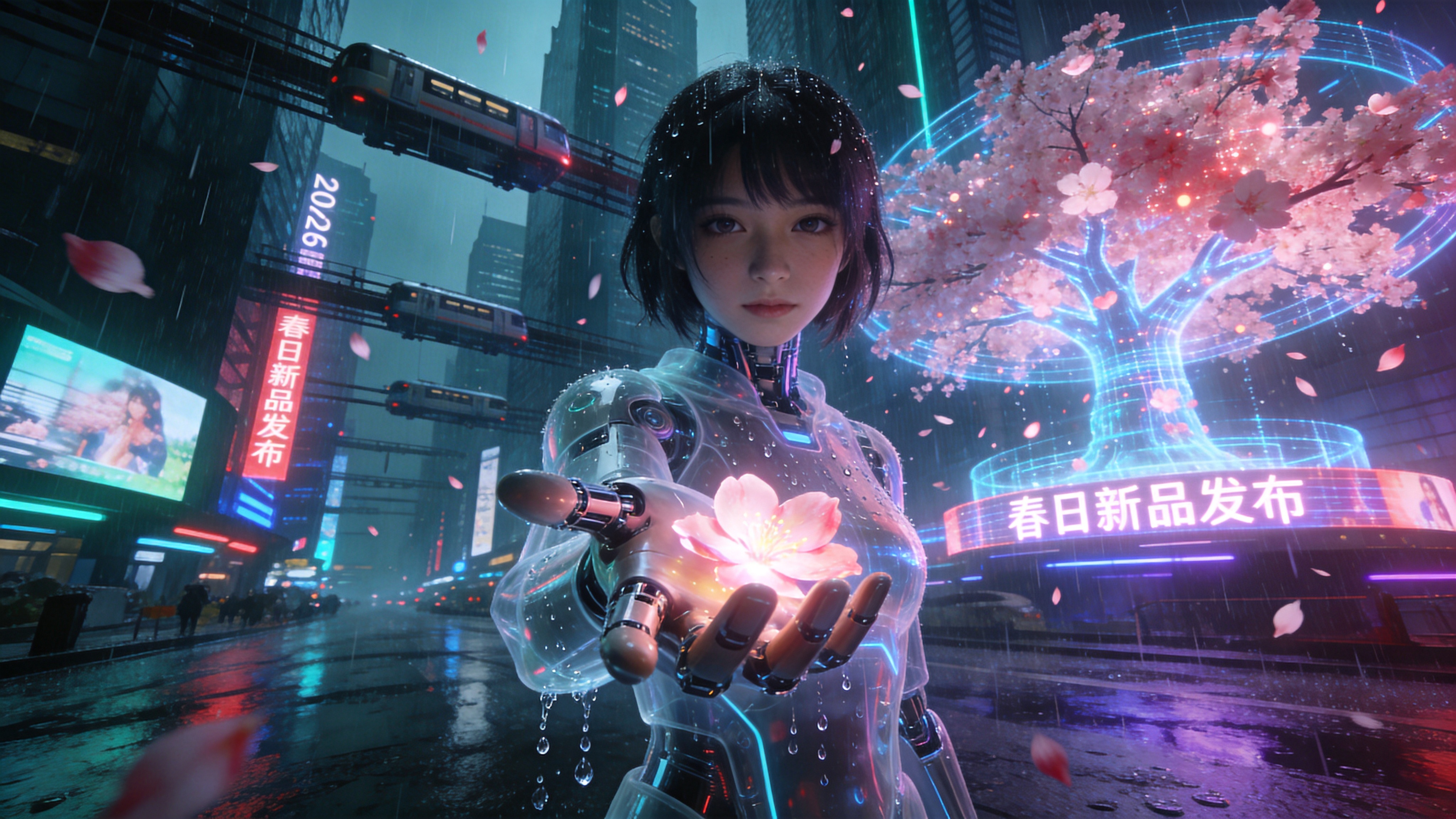 在未来的赛博都市，2026年的春季科技博览会现场。巨大的全息投影在空中投射出盛开的虚拟樱花树，粉色的光粒子像花瓣一样缓缓飘落，与真实的雨水交织在一起。街道是湿漉漉的，反射着霓虹灯的蓝紫光芒。主体是一个半透明的仿生机器人少女，她伸出机械手指接住一片发光的虚拟花瓣，眼神中流露出对生命的渴望。背景是高耸入云的摩天大楼，密集的空中轨道上飞驰着悬浮列车，广告牌上滚动播放着春日新品发布的动态影像。雨水打在金属表面溅起细微的水花，充满了冷峻与浪漫并存的张力。

赛博朋克概念艺术风格，高度写实的电影级CG质感。色调为高对比度的冷色调，以青色、洋红、深蓝为主，辅以温暖的粉色光点缀。光影具有戏剧性，强调体积光和辉光效果。材质精细，区分金属的冷硬、全息光的通透和雨水的折射感。视角采用低角度仰视，增强视觉冲击力。