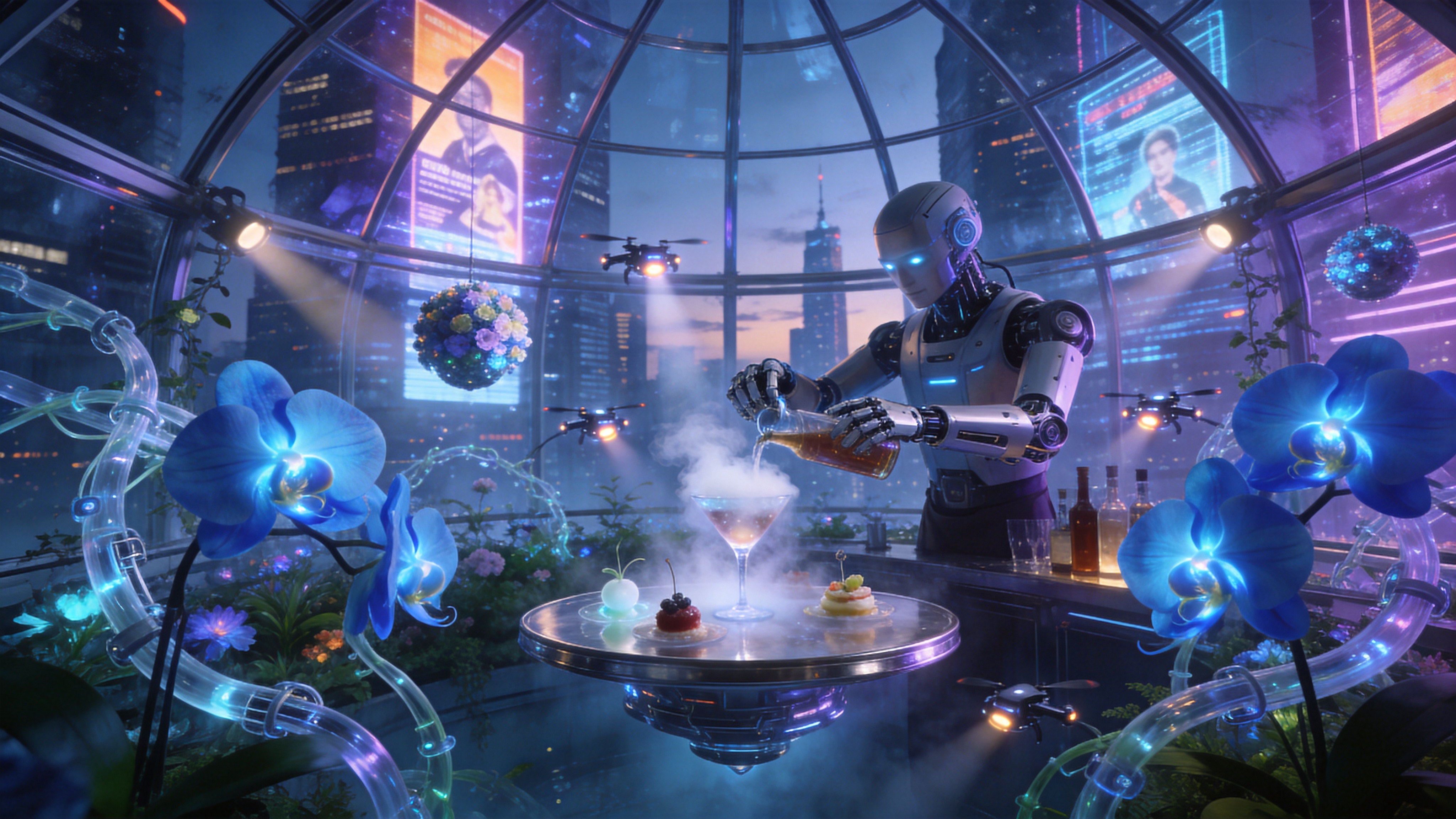 一个充满未来感的赛博朋克温室花园，时间是2026年3月11日的傍晚。巨大的透明穹顶结构外是霓虹闪烁的高耸摩天楼和全息广告牌。温室内部，反季节的奇异植物正在盛开：发光的蓝色兰花、半透明的机械藤蔓、以及悬浮在空中的球状花簇。画面中央是一张悬浮的金属圆桌，上面摆放着精致的分子料理甜点，旁边是一杯冒着冷气的液氮鸡尾酒。一位拥有机械义肢的调酒师正在精心装饰饮品，周围飞舞着微小的发光无人机作为照明，科技与自然在这里产生了强烈的视觉冲击。

高精度概念艺术与赛博朋克风格。强烈的冷暖对比色调，赛博蓝、霓虹紫与金属银色交织。光影效果极具戏剧性，体积光穿透烟雾，产生丁达尔效应。材质上强调玻璃的通透、金属的冷冽以及植物的荧光质感。采用虚幻引擎5（Unreal Engine 5）渲染风格，画面锐利，细节丰富，具有电影级的视觉冲击力。