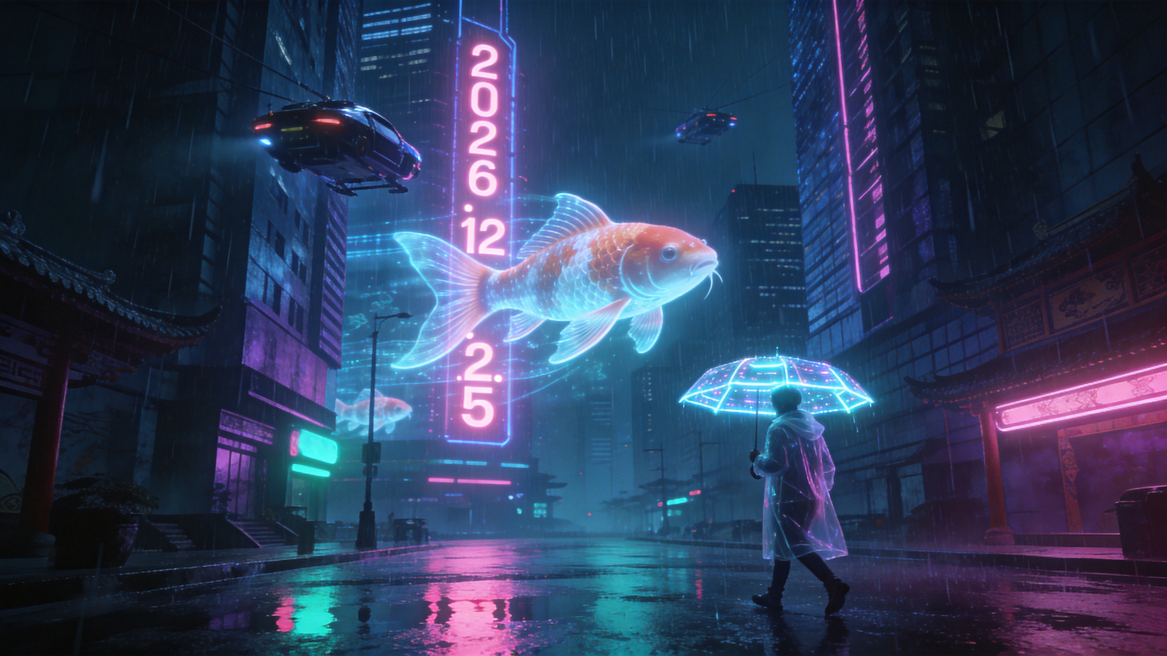 这是一个赛博朋克风格的未来城市雨夜，但充满了反季节的矛盾美学。摩天大楼的霓虹灯牌上显示着2026年的日期，空中不仅有悬浮飞车，还有巨大的全息投影锦鲤在楼宇间游动。街道积水中倒映着粉色和青色的灯光，一个穿着透明雨衣的行人撑着一把发光的电子伞走过。雨丝细密，空气中带着湿润的科技感，将东方传统意象与高科技未来完美融合。

赛博朋克概念艺术，电影级构图，体积光，光线追踪，潮湿的街道反射质感，蓝紫与霓虹粉撞色，虚幻引擎5渲染，细节丰富，充满未来科幻感