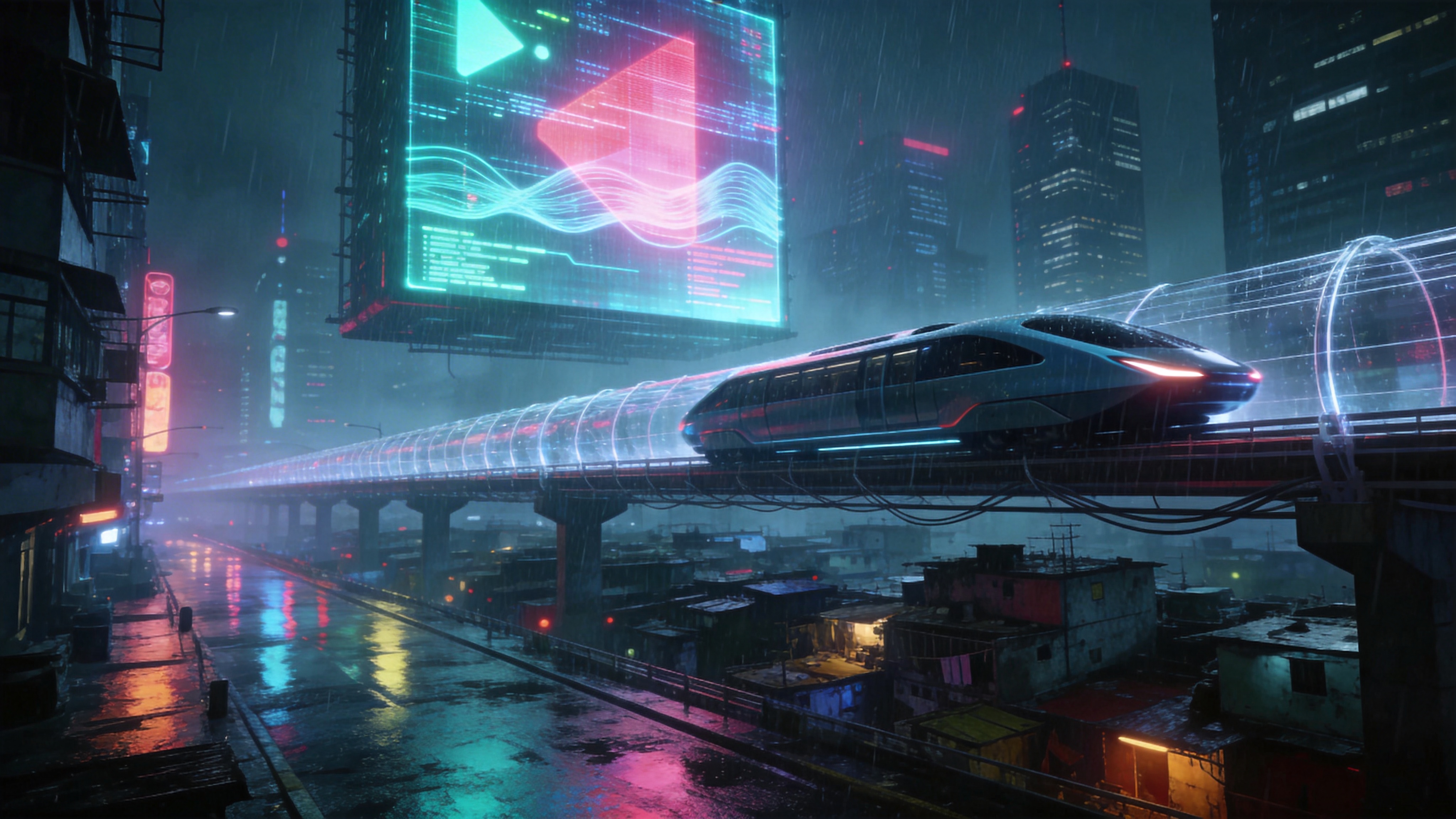 这是一个充满未来感的赛博朋克都市雨夜，时间设定在 2026 年 3 月 31 日的深夜。巨大的全息投影广告悬浮在半空中，播放着抽象的几何图形和流动的数据流，霓虹灯的颜色以青色和洋红为主。街道湿漉漉的，反射着周围五彩斑斓的灯光。画面主体是一辆造型流畅的磁悬浮概念车，正驶过一座由透明光缆构成的桥梁。桥梁下方是层层叠叠的贫民窟与高楼的对比，春雨淅淅沥沥地下着，雨丝被霓虹灯照亮，显得格外清晰，营造出一种冷峻而迷人的科技孤独感。

赛博朋克摄影风格，虚幻引擎 5 渲染，电影级光效，强烈的明暗对比，冷色调为主，局部高饱和度暖色点缀，湿滑表面的反射质感，体积雾，颗粒感，宽画幅，具有《银翼杀手 2049》般的视觉美学。