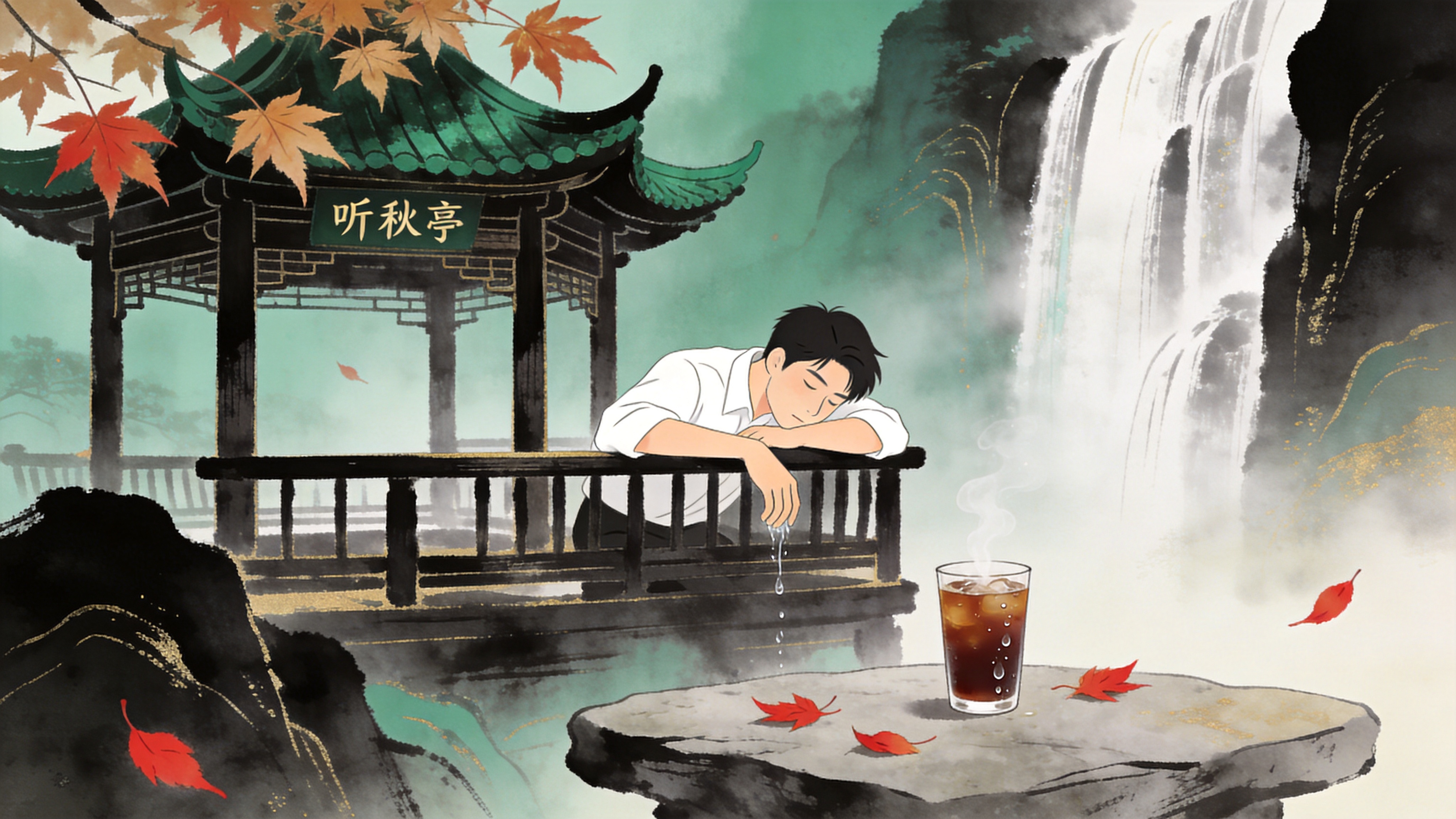一座隐匿在深山中的古老木质凉亭，名为“听秋亭”。此时正值夏秋交替，凉亭四周的枫叶尖端刚刚泛起一丝淡淡的焦糖色，而主体依然是深翠欲滴的绿。凉亭内，一位身着现代简约白衬衫的青年正趴在栏杆上发呆，手边放着一杯冒着冷气的冰美式，杯壁上的水珠正缓缓滑落。石桌上散落着几片刚飘落的红叶。背景是朦胧的瀑布水雾，与前景的清晰形成对比，营造出一种季节流转、时光静谧的意境。

新中式国潮插画风格，融合了传统水墨的晕染技法与现代插画的扁平化设计。色调以青绿、淡金、水墨黑为主，质感温润。光影柔和，带有一种梦幻的朦胧美，线条流畅，兼具古典雅致与现代时尚感。