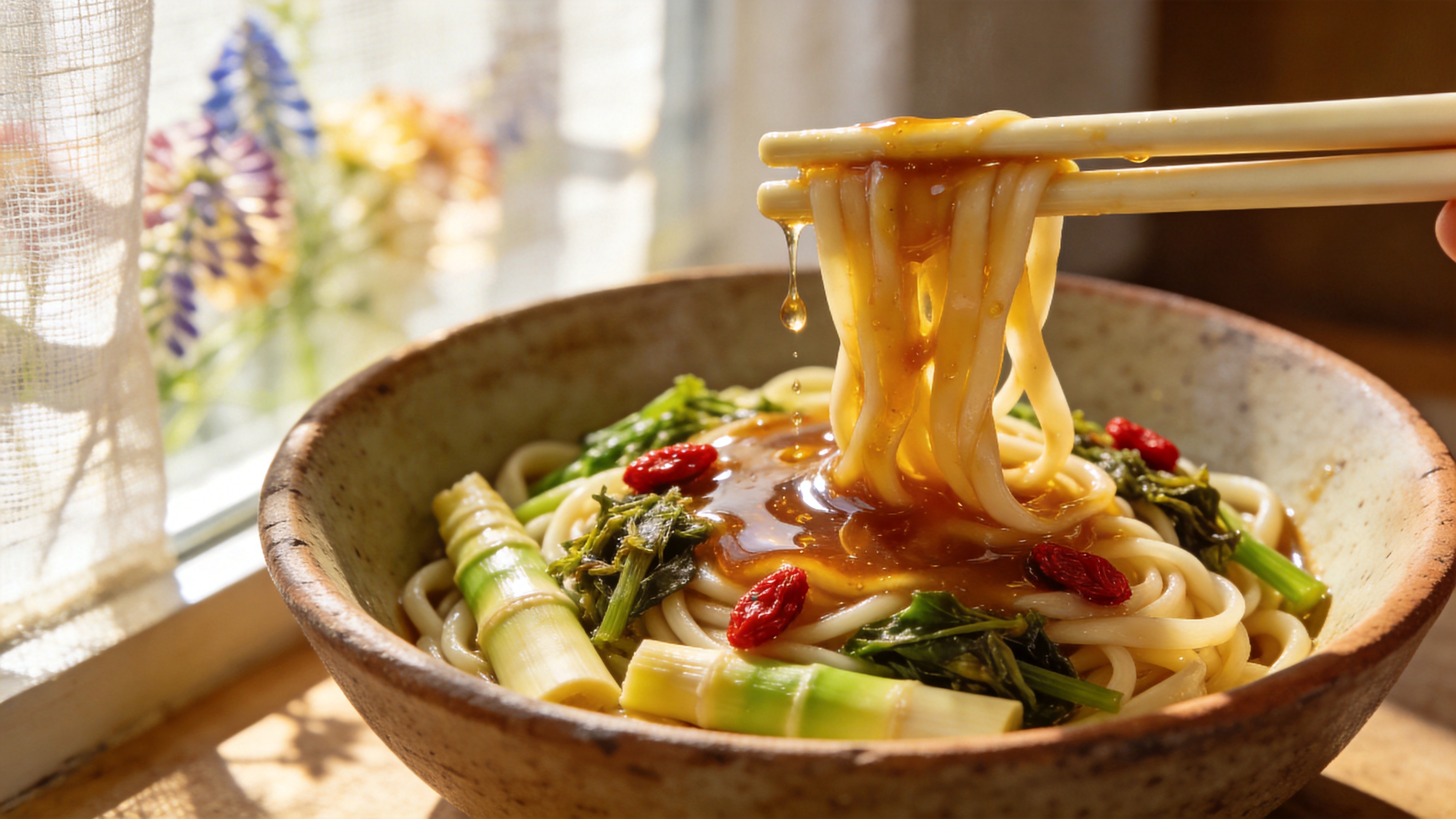 特写视角的春季时令美食，一只精致的粗陶碗中盛着刚刚采摘的春笋和嫩绿的香椿，正被做成热气腾腾的拌面。面条上淋着琥珀色的秘制酱汁，几颗鲜红的枸杞点缀其间。一双象牙色的筷子正夹起一筷子面条，晶莹的汤汁顺着重力滴落，背景虚化隐约可见窗台上一盆盛开的风信子，阳光透过窗纱洒在食物上，油脂和酱汁在光线下闪闪发亮，令人垂涎欲滴。

商业美食摄影风格，追求极致的材质感和食欲诱惑。采用暖色调，以金黄色、嫩绿色和陶土色为主，营造温馨治愈的氛围。光影采用经典的侧逆光布光，强调食物的纹理、光泽和热气腾腾的烟火气，景深浅，主体突出，具有 8K 超高清分辨率。