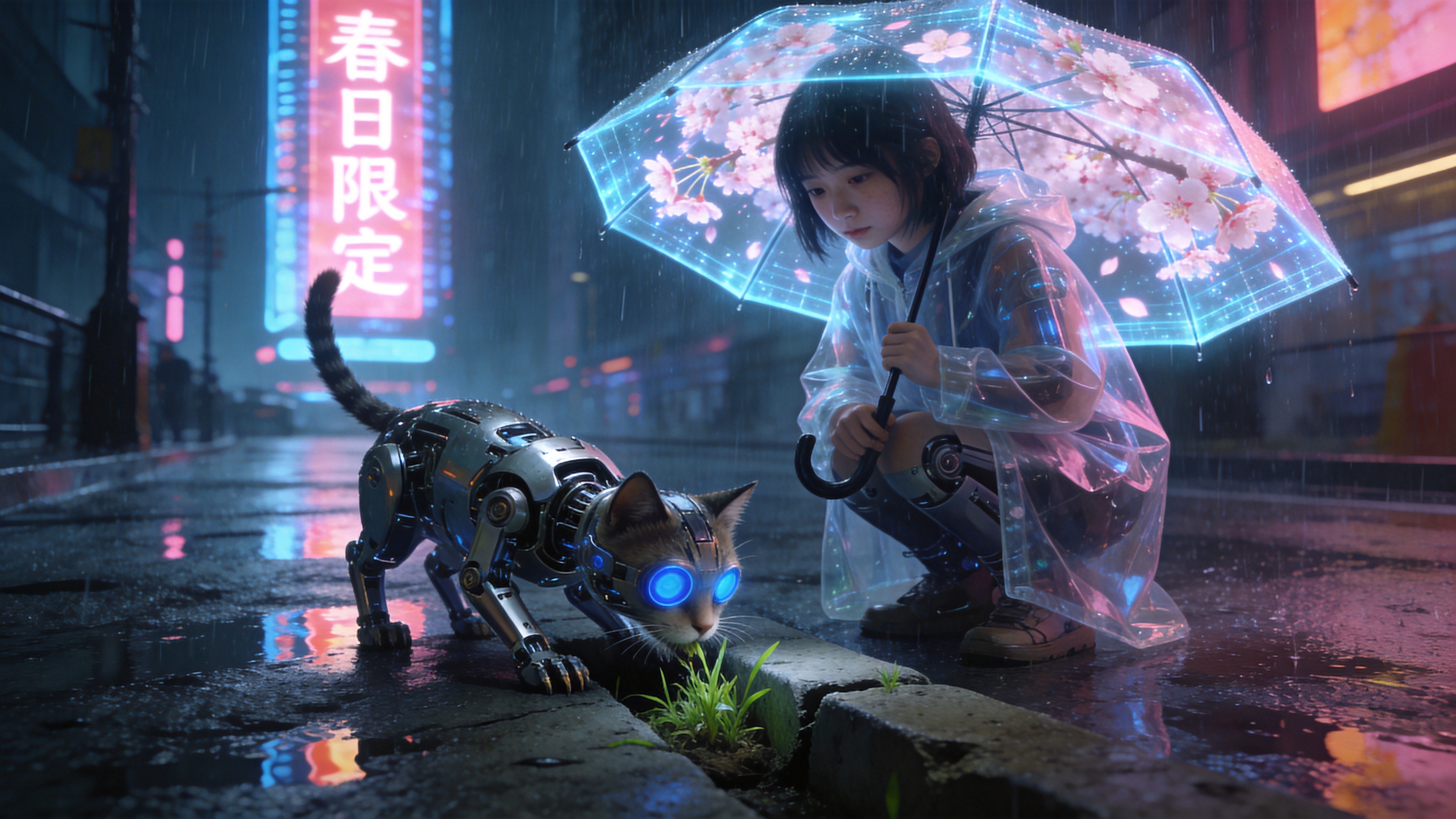 2026年近未来的赛博朋克城市，此时正值早春时节，绵绵细雨笼罩着霓虹闪烁的街道。画面中心是一个穿着透明雨衣的少女，她撑着一把全息投影的伞，伞面上投射着盛开的樱花动画。雨水打湿了路面，反射着高耸入云的全息广告牌，广告牌上显示着‘春日限定’的字样。少女身旁是一只机械流浪猫，它的眼睛是发光的蓝色镜头，正好奇地嗅着路边一株从混凝土缝隙中顽强钻出的真实嫩绿小草，科技与自然在这一刻形成强烈的视觉对比。

赛博朋克概念艺术风格，强调冷暖色调的强烈冲突。主色调为赛博蓝、霓虹粉和湿润的沥青灰。光影采用电影级的布光，强调雨水的折射和霓虹灯的辉光效果。材质具有金属质感、玻璃通透感和湿润路面的反光感，画面锐利，细节丰富，充满未来主义的孤独感与希望。
