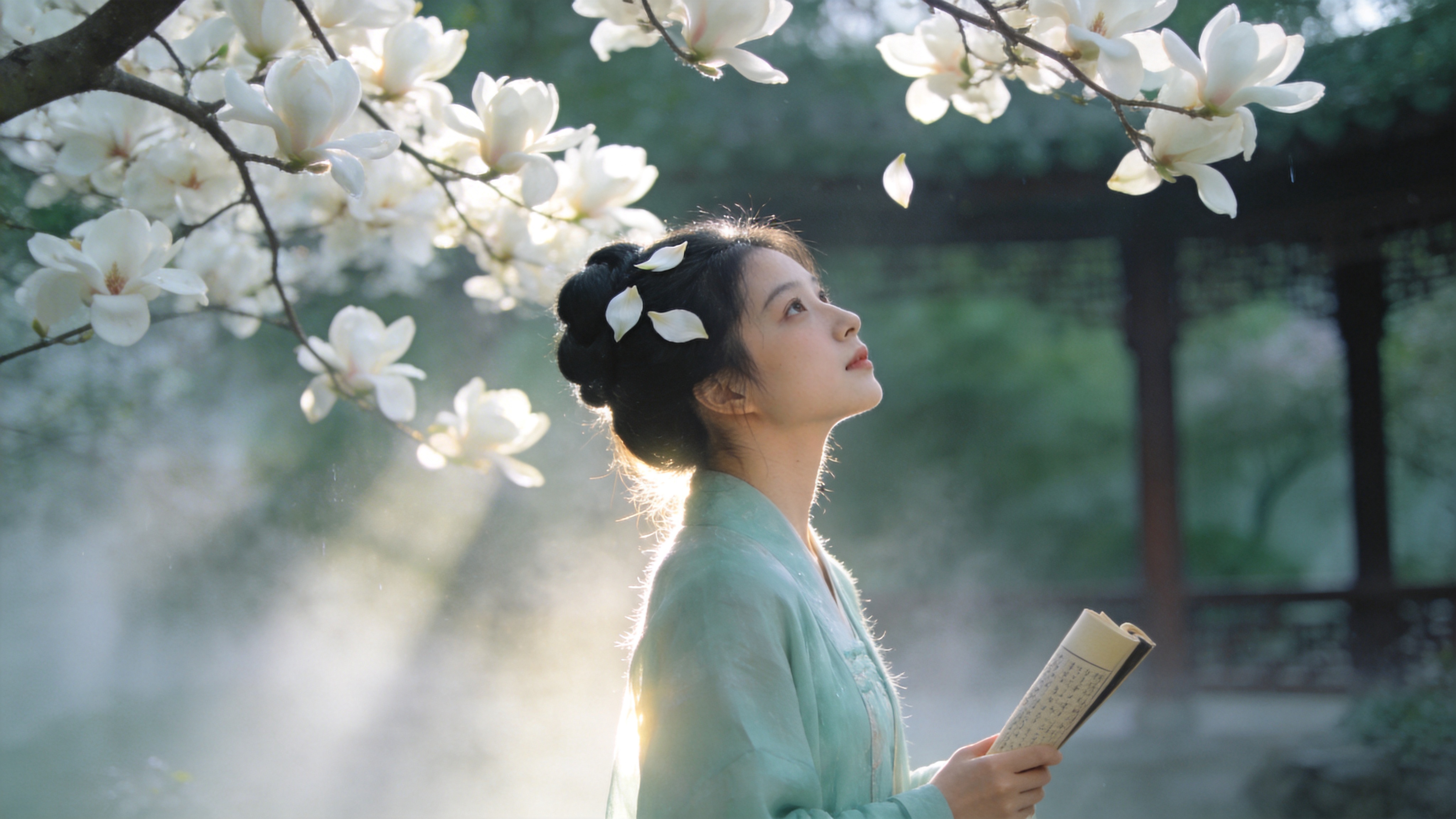 初春的清晨，一位身穿淡青色汉服的少女站在一株盛开的白玉兰树下，她微微仰头，几片洁白的花瓣正落在她乌黑的发髻上。背景是若隐若现的中式园林回廊，晨雾缭绕，空气中似乎弥漫着湿润的泥土芬芳。前景是一束侧逆光穿透薄雾，形成丁达尔效应，照亮了少女侧脸细微的绒毛和手中半卷的诗书，画面定格在时光静止的唯美瞬间。

新中式唯美摄影风格，采用柔焦与高光溢出效果，色调以低饱和度的青绿色与暖白色为主，营造清冷而温润的春日氛围。光影细腻，强调空气感和朦胧美，类似于电影级的质感，8K分辨率，景深虚化处理。