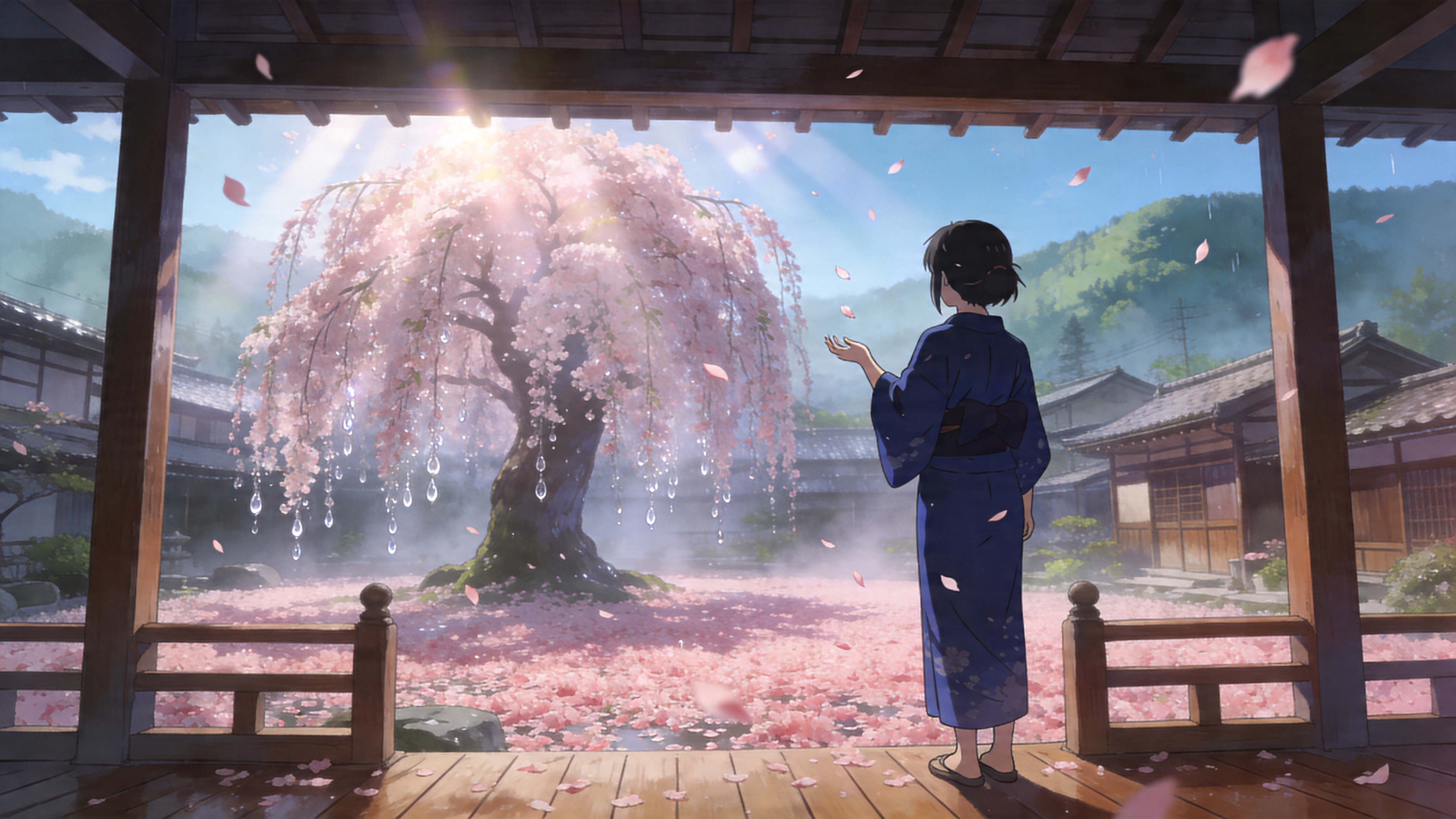 画面定格在2026年4月17日的清晨，京都一座古老的日式庭院。庭院中央是一株巨大的垂枝樱花，花期将尽，树下铺满了厚厚的深粉色花瓣，如同梦幻的地毯。花瓣上挂着晶莹剔透的晨露，在微光中闪烁。一位身穿深靛蓝色和服的少女背对镜头，正站在木制的回廊边缘，伸出手轻轻接住一片飘落的樱花瓣。背景是错落有致的低矮木屋和远处的葱郁青山，空气中弥漫着湿润的雾气，营造出一种静谧而略带伤感的“惜春”氛围。

新海诚动漫风格，超高清8K分辨率。色彩清新通透，强调光影的细腻变化，丁达尔效应透过树叶洒下光斑。线条流畅锐利，背景绘制极其精细，具有电影级的景深感。色调以樱花粉、天蓝和木色为主，整体氛围唯美、纯净、充满青春的悸动与淡淡的忧伤。