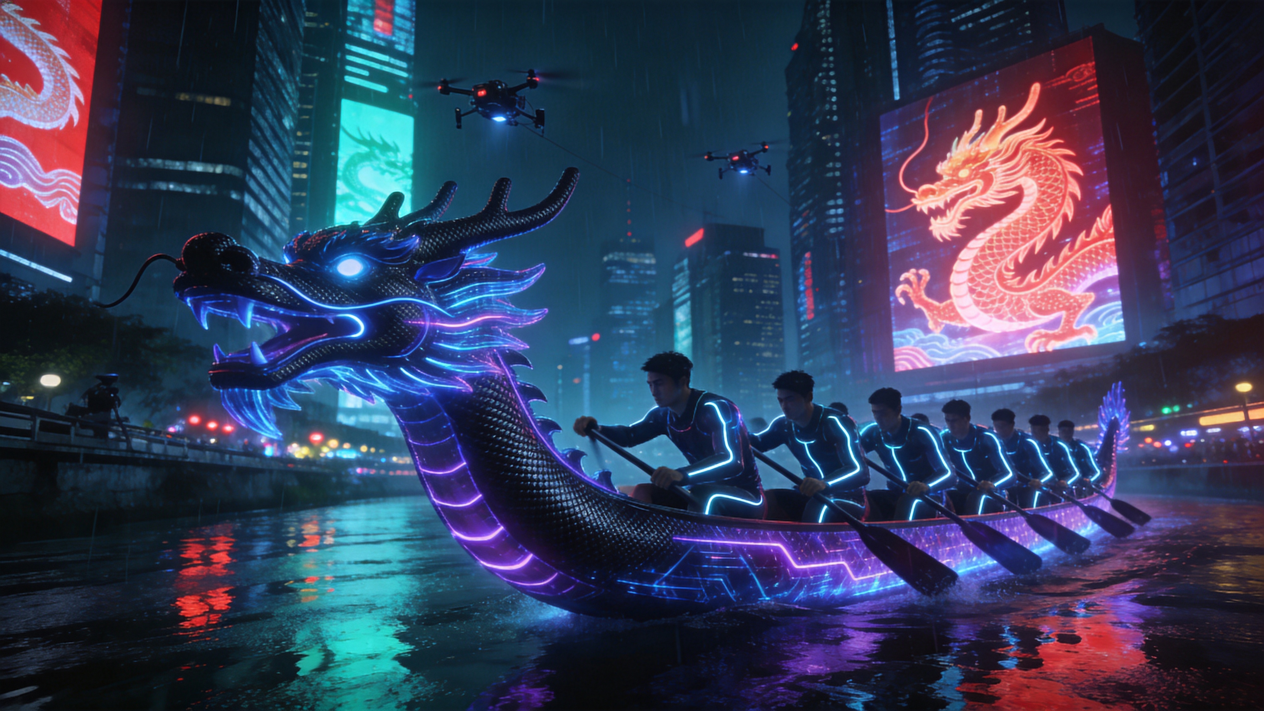 未来的东方都市，2026年的夏夜，一场赛博朋克风格的龙舟赛正在霓虹闪烁的运河上进行。龙舟不再是传统的木质，而是由流线型的碳纤维和全息投影材质构成，船身散发着幽蓝和电紫的荧光。划船的选手们身穿带有发光线路的紧身机能服，动作整齐划一。两岸是高耸入云的摩天大楼，巨大的全息广告牌投射出巨大的龙形图腾，与水面上的倒影交相辉映。空中飞舞着几架负责转播的微型无人机，雨后的地面反射着五光十色的城市灯光，充满科技与传统的激烈碰撞。

赛博朋克概念艺术，暗黑美学与霓虹美学的结合。色调以深蓝、洋红、青色为主，强烈的对比色。体积光和辉光效果显著，画面具有电影级的景深和动态模糊感。细节丰富，充满机械感和未来感，视觉冲击力极强。