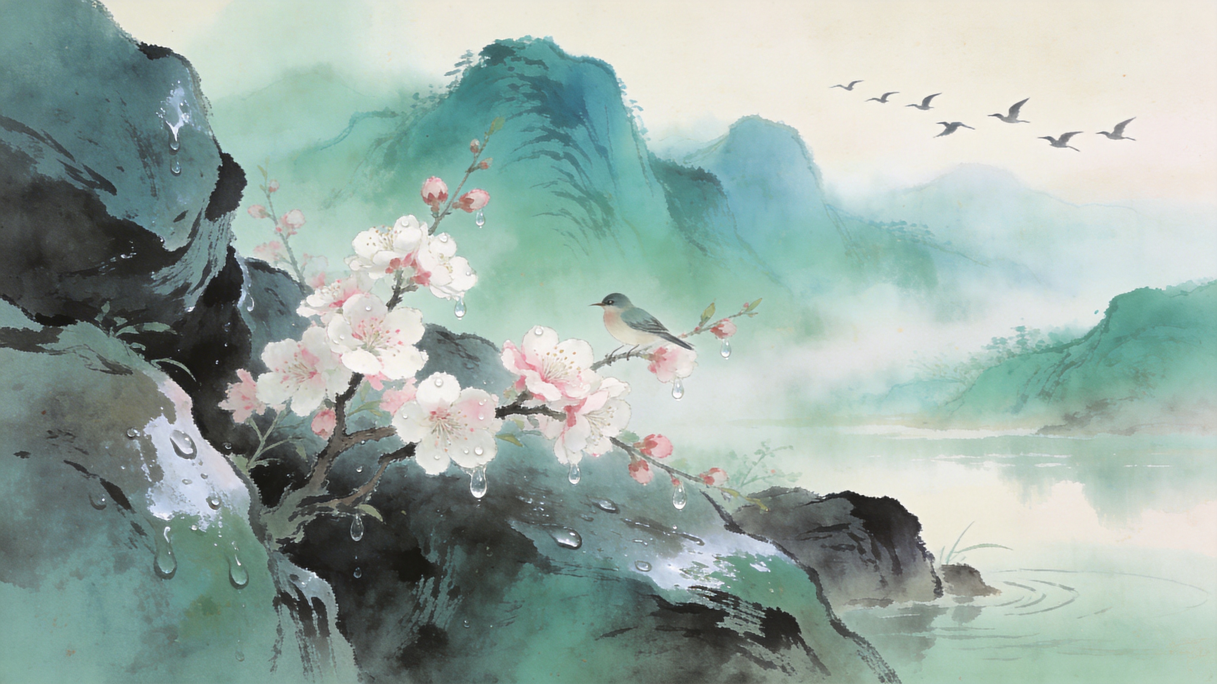 早春的清晨，薄雾缭绕在连绵起伏的青色山峦之间，几株粉白色的野桃花在湿润的岩石缝隙中顽强绽放，花瓣上挂着晶莹剔透的露珠，远处隐约可见一行飞鸟掠过水面，画面充满了生机与宁静。

新中式水墨风格，淡雅的青绿色调，大写意的笔触与细腻的工笔花鸟结合，宣纸纹理，留白意境，柔和的漫射光，高分辨率，极具东方韵味。