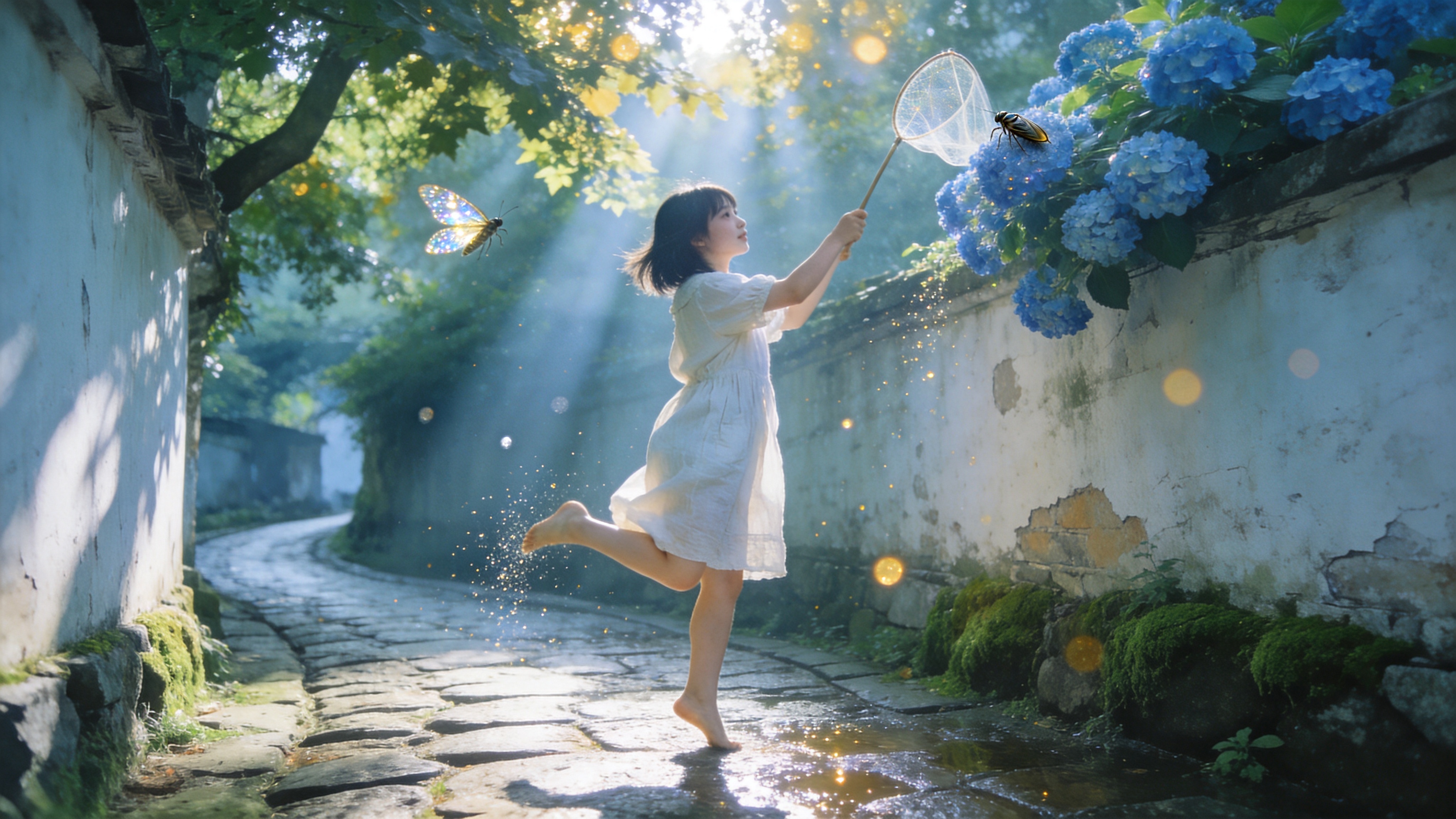 画面定格在 2026 年夏末的午后，一条古老而蜿蜒的青石板小巷。阳光穿透茂密如盖的梧桐树叶，在斑驳的白墙和湿润的地面洒下细碎的金色光斑。一位身着复古白色亚麻连衣裙的女孩，正轻盈地踮起脚尖，试图用捕虫网触碰一只停留在蓝色绣球花上的闪亮蝉翼。空气似乎凝固了，只有几粒微尘在丁达尔光柱中缓慢起舞，墙角的苔藓绿意盎然，远处隐约传来知了最后的鸣叫声，充满了盛夏将逝的惆怅与生机。

清新日系摄影风格，高调摄影。色调为清透的蓝绿色与暖金黄色交织，带有过胶胶片的颗粒质感。光影效果柔和且具有空气感，强调光晕和焦外虚化。使用 Fujifilm Pro 400H 胶片模拟色彩，画面明亮通透，给人一种岁月静好、治愈系的视觉体验。