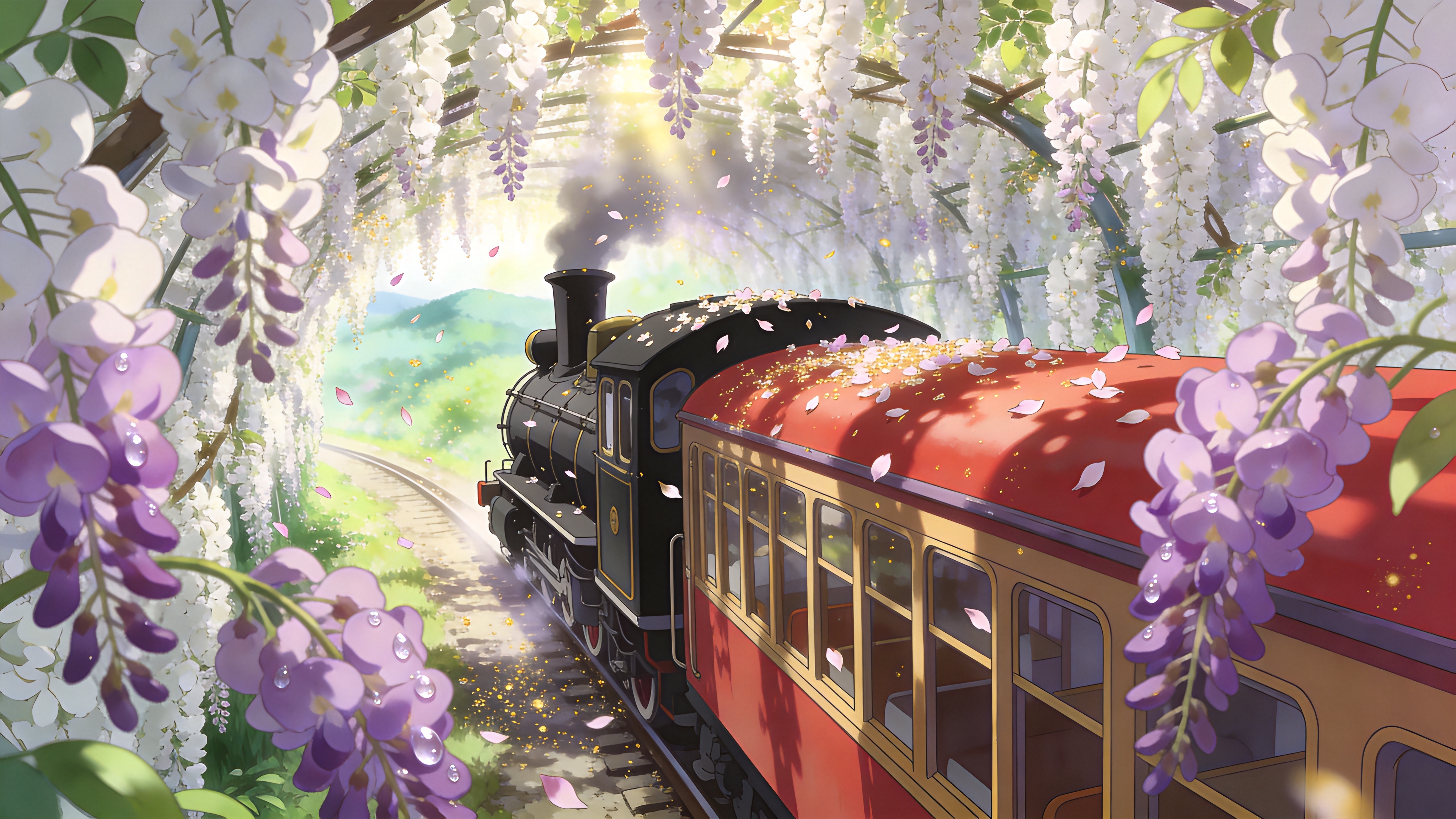 画面定格在2026年晚春的清晨，一列复古的蒸汽火车正行驶在盛开的白色紫藤花隧道中。紫藤花如瀑布般垂下，花瓣随风飘落在火车黑色的烟囱和红色的车厢顶上。阳光透过花藤的缝隙洒下斑驳的光影，空气中弥漫着金色的微尘。前景是几簇清晰可见的紫色花穗，带着晶莹的露珠，背景是逐渐模糊的绿色山野，营造出一种穿越时空的梦幻感。

宫崎骏动漫风格，色彩明亮清新，高饱和度，手绘质感，强调光影的通透感，线条流畅，充满治愈与希望的气息，吉卜力背景美术风格