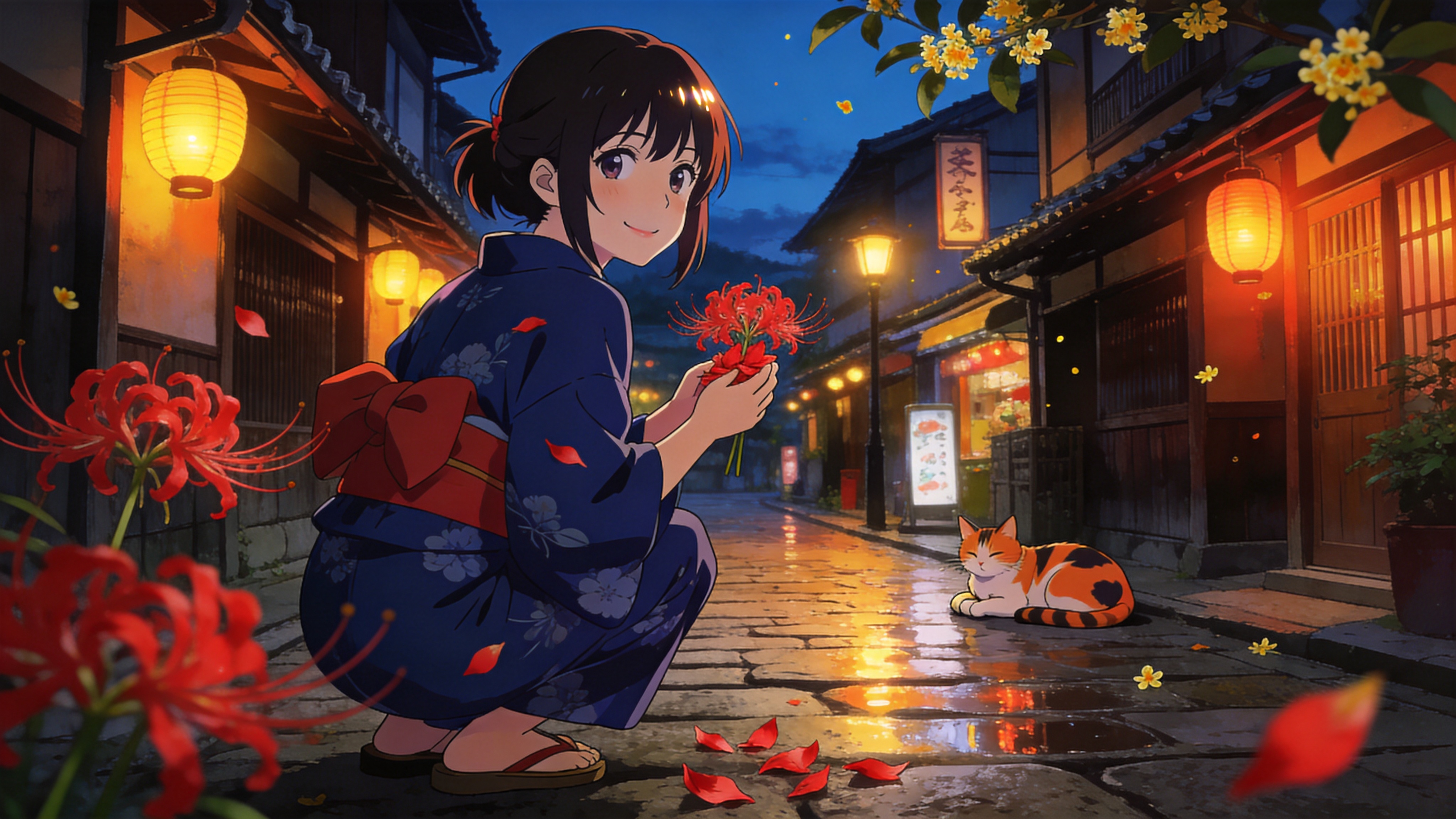 2026年8月30日的初秋傍晚，在京都的一条古老石板路上。一位身穿深靛蓝色浴衣的少女正背对画面蹲下，她回过头温柔地微笑，手中捧着几片刚刚从地上拾起的鲜红色彼岸花花瓣。街道两旁是传统的木造町屋，屋檐下挂着的暖黄色灯笼随风轻轻摇曳。远处的街道转角处，一只橘色的三花猫正慵懒地伸懒腰。地面有些湿润，反射着路灯和店铺招牌的微光，空气中仿佛弥漫着淡淡的桂花香和初秋的凉意。

日式新海诚动画风格，极具冲击力的光影效果，重点渲染环境光遮蔽和次表面散射。色彩以暖橙色、深靛蓝和洋红色为主，形成强烈的冷暖对比。画面具有极高的清晰度，每一片花瓣的纹理和少女发丝的光泽都清晰可见，背景带有唯美的光斑和细腻的噪点质感，营造一种怀旧而又充满希望的青春电影感。