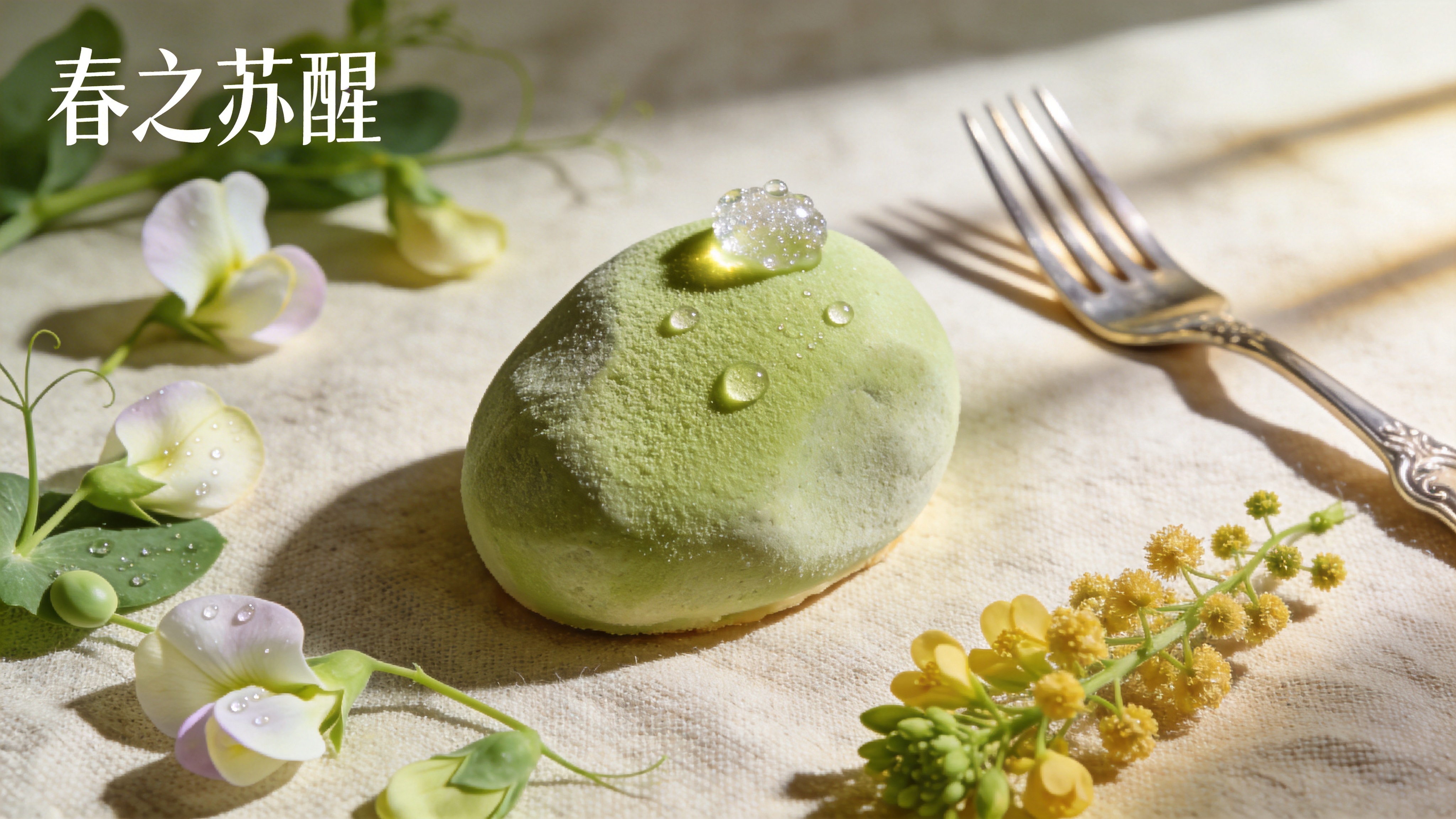 特写视角的春季限定甜点——'春之苏醒'慕斯蛋糕。蛋糕主体呈不规则的鹅卵石形状，表面覆盖着如天鹅绒般质感的抹茶绿色慕斯，顶部装饰着晶莹剔透的糖露，仿佛清晨的露珠。蛋糕旁边散落着几朵刚采摘的香豌豆花和新鲜的金合欢，花瓣上带着细微的水珠。背景是一块粗糙的亚麻布和一把复古的银质甜品叉，晨光从右侧45度角射入，在慕斯表面形成柔和的高光，并在亚麻布上投下长长的影子，营造出温暖、治愈的下午茶氛围。

专业美食摄影风格，微距镜头拍摄。追求极致的景深效果，背景虚化柔和，突出主体的细节质感。色调明亮清新，以低饱和度的莫兰迪绿、奶油白和淡黄色为主。光影采用自然窗光，强调食物的诱人光泽和立体感，整体呈现出高级、精致且充满生活气息的美学。