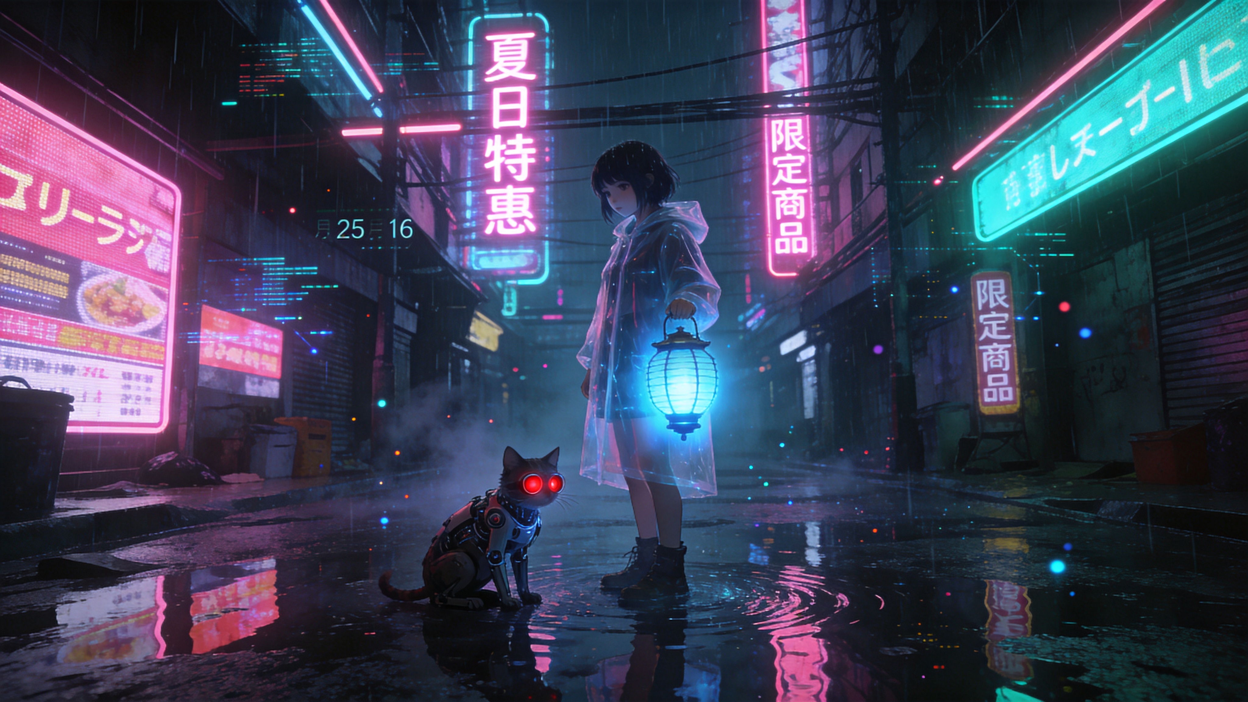 画面定格在一个充满未来感的赛博朋克城市角落，时间是2026年6月16日的夏夜。狭窄的雨后街道积水如镜，倒映着头顶错综复杂的霓虹灯管和全息广告牌，广告牌上滚动着汉字和日文混合的促销信息。一位身穿透明雨衣的年轻少女站在积水中，她手里提着一盏散发着幽幽蓝光的复古纸灯笼，与周围刺眼的粉色和青色霓虹形成强烈对比。少女的身旁蹲着一只机械改造的流浪猫，猫的眼睛是发光的红色镜头。空气中弥漫着湿润的水汽和虚拟的电子粒子。

赛博朋克概念艺术风格，强调高科技与低生活的反差。色调以青色和洋红色为主，辅以深阴影。画面具有极高的清晰度和锐度，类似电影级CG渲染。注重湿滑地面的反光质感和霓虹灯的辉光效果，氛围神秘、冷峻且带有一种孤独的未来美学。