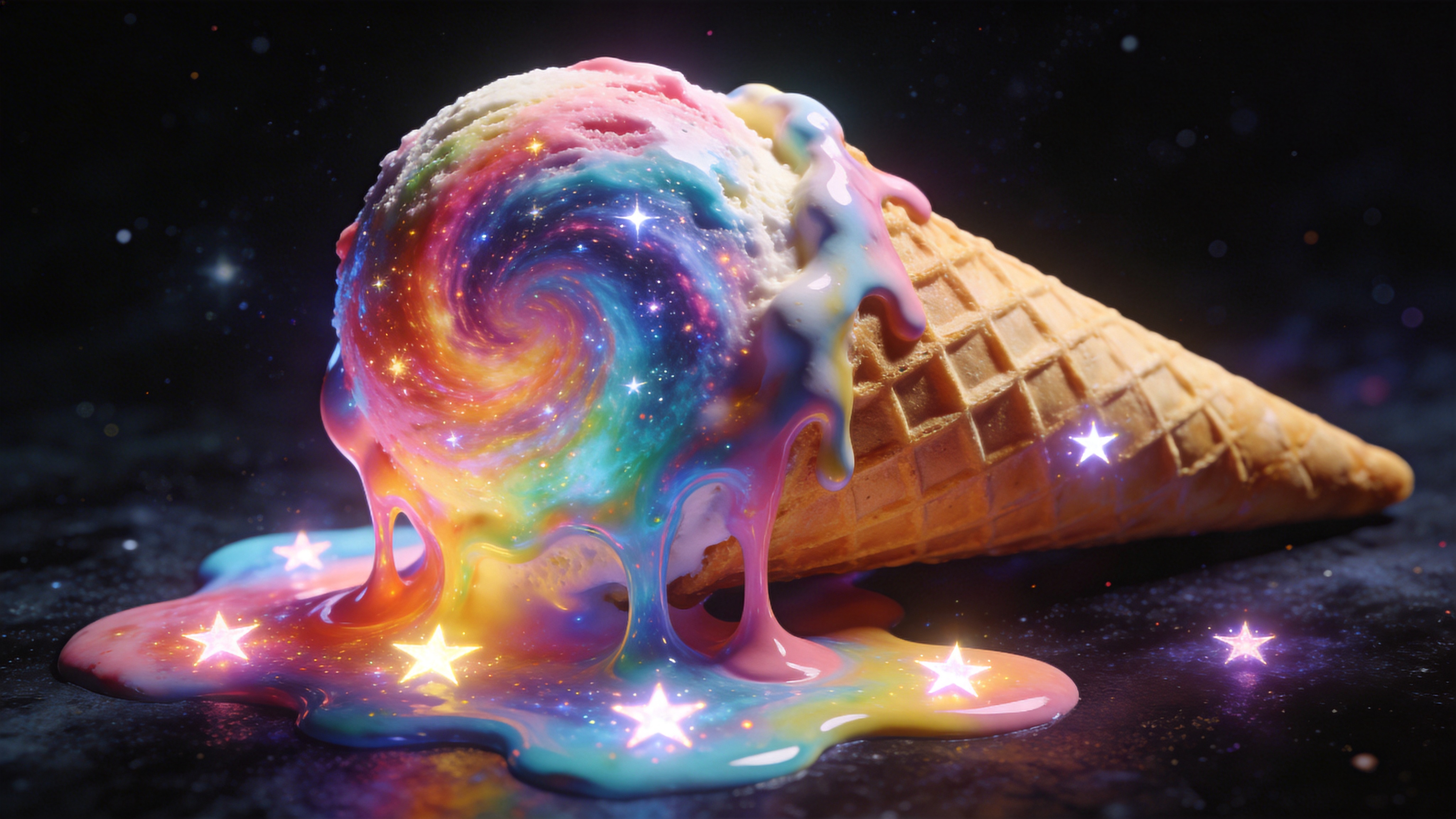 一个正在融化的冰淇淋蛋筒，冰淇淋部分是五彩斑斓的星云漩涡，流淌下来的液体变成了发光的星星，背景是深邃的宇宙黑，创意地将美食与天文结合。

超现实主义3D渲染，C4D与Octane渲染，发光材质，流体模拟，创意合成，色彩鲜艳，梦幻糖果色，广告级视觉冲击力。