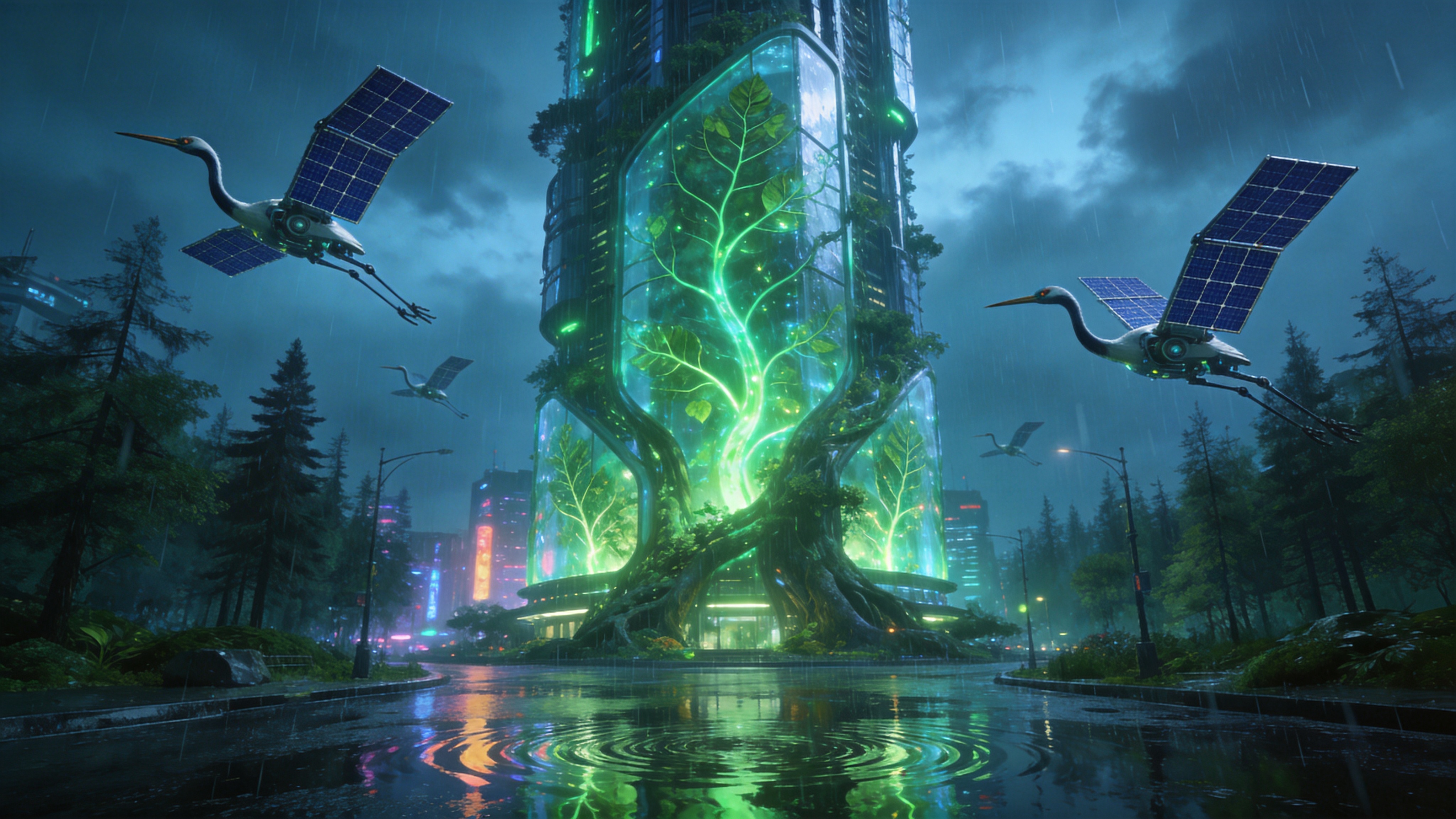 一座融合了有机生命体与高科技的未来主义生态塔，矗立在4月雨后的城市森林中。建筑表面覆盖着半透明的生物发光面板，上面流淌着像叶脉一样的绿色能量流，这些能量流随着春天的雨季呼吸般闪烁。几只机械仿生鹤正在建筑周围盘旋，它们的翅膀由太阳能薄膜制成。街道上积水未干，倒映着这座垂直森林和绚丽的霓虹灯光，雨水打在建筑表面激起层层涟漪，充满了赛博生态的和谐与冲突。

赛博朋克概念艺术，生物朋克元素，电影级光效，冷色调与荧光绿对比，体积光，3D渲染质感，虚幻引擎5风格，史诗级构图，科幻插画大师风格。