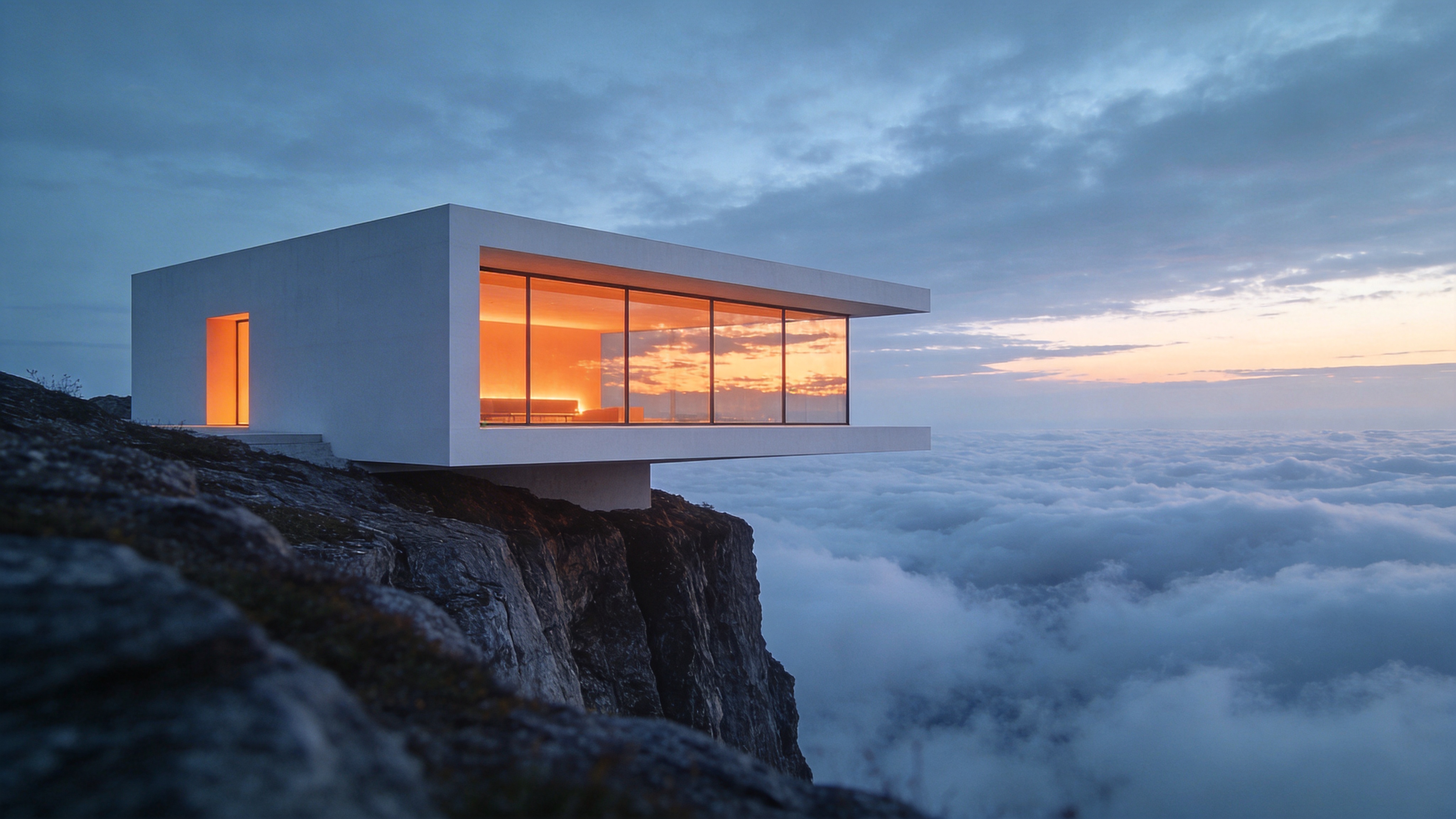 极简主义的山顶建筑，一座纯白色的现代主义几何房子孤独地矗立在悬崖边缘，巨大的落地窗映照着天空和云海，室内透出温暖的橙光，与外界冷蓝色的暮色形成对比。

现代建筑摄影，极简构图，几何线条，冷暖色对比，高动态范围（HDR），宁静致远，ArchDaily风格，理光GR3拍摄质感。