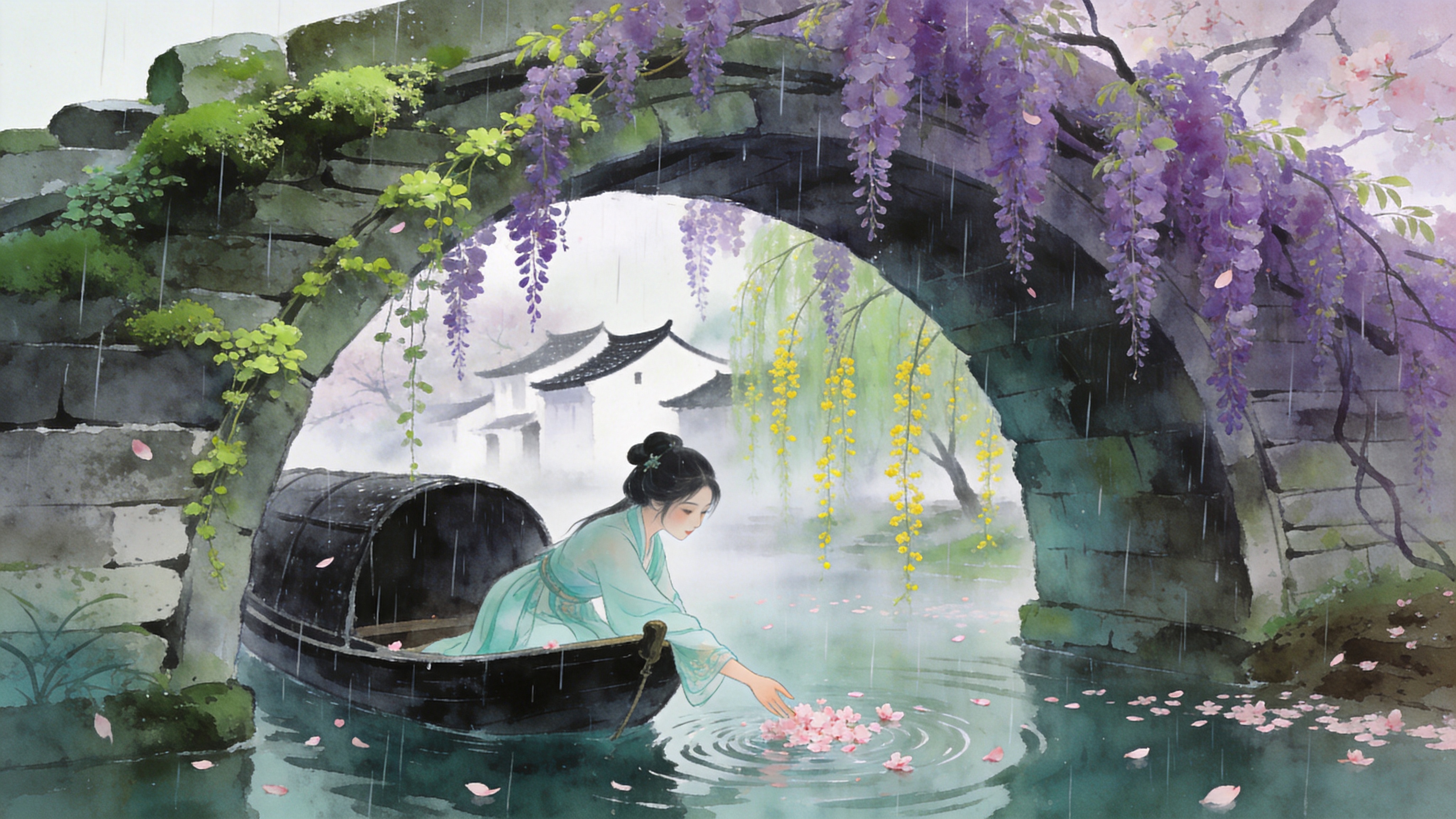 画面定格在 2026 年 3 月下旬的江南水乡，正值春分刚过，烟雨蒙蒙。近景是一座古老的青石拱桥，桥身上爬满了嫩绿的青苔和垂落的紫色藤蔓。一艘乌篷船正穿过桥洞，船头坐着一位身着淡青色改良汉服的少女，她正侧身伸手去触碰水面漂浮的一片粉色桃花瓣。雨丝细密如织，在水面上激起无数涟漪，远处的白墙黛瓦在春雾中若隐若现，岸边的垂柳吐出鹅黄的新芽，随风轻摆。空气中弥漫着湿润的泥土气息和淡淡的花香，整个场景静谧而诗意，充满了春天的生机与古典的浪漫。

新中式国潮插画风格，融合了传统水墨的晕染技法与现代插画的细腻笔触。色调以青绿、淡紫和烟灰为主，营造出清冷而高雅的春雨氛围。光影处理柔和，强调漫射光下的体积感，画面具有半透明的水彩质感，边缘线条流畅且富有变化，细节处如雨丝和花瓣的刻画精致入微，呈现出一种如梦似幻的唯美视觉体验。