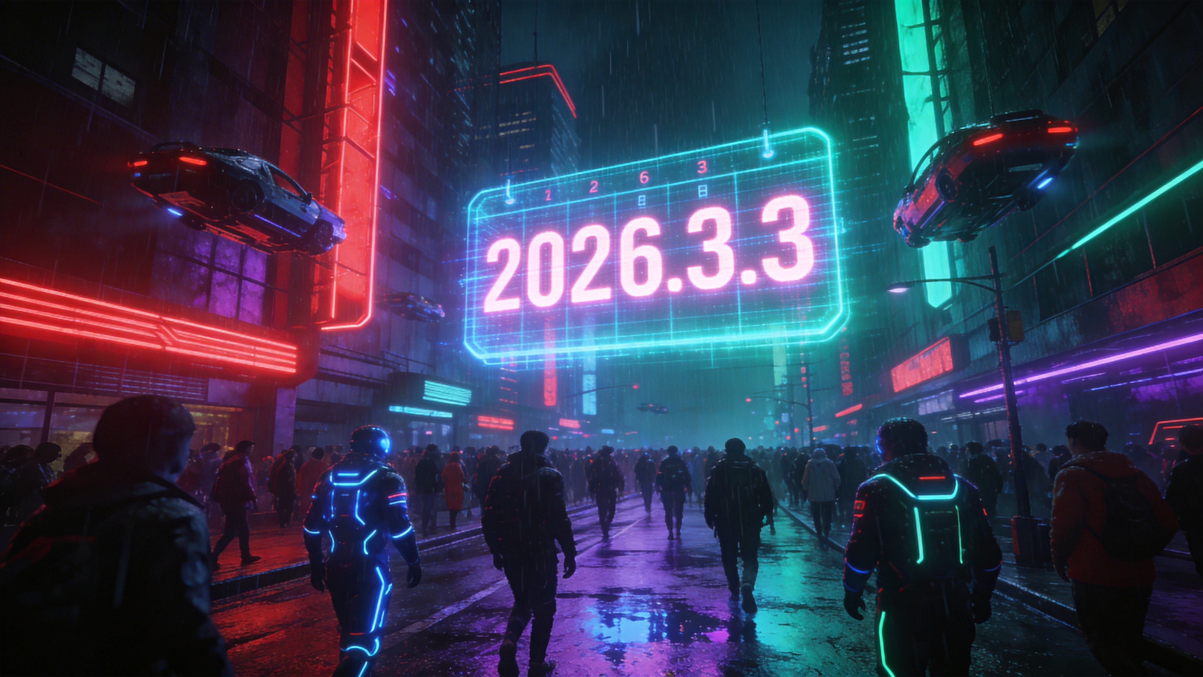 2026年3月3日的未来都市，一座巨大的全息投影日历漂浮在赛博朋克风格的霓虹街道上空，街道上挤满了穿着发光机能服的行人，空中穿梭着载具，雨水打在湿漉漉的路面上反射着蓝紫色的霓虹光芒，充满科技感与喧嚣。

赛博朋克摄影风格，高对比度，冷暖色调冲突（洋红与青色），电影级光影，体积光，雨夜质感，超精细细节，虚幻引擎5渲染，8K画质。