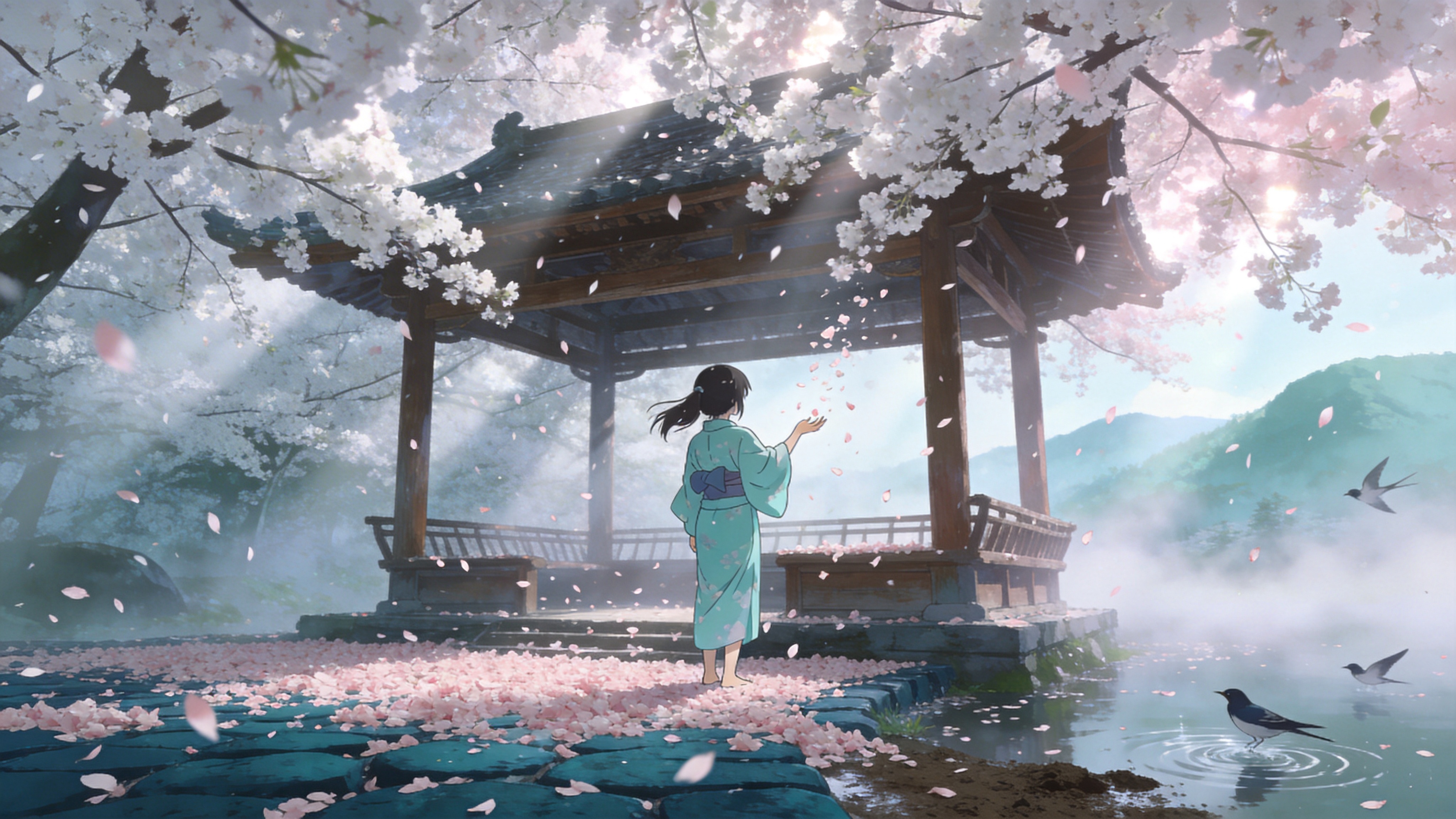 2026年4月3日的清晨，春意正浓。画面主体是一座被盛开的白色樱花雨包围的古老日式木制凉亭。粉白色的花瓣像雪花一样飘落在深青色的石板路上，堆积成柔软的花毯。一位身穿淡青色和服的少女正背对镜头站在凉亭边，伸手去接飘落的花瓣，她的发丝被微风轻轻吹起。远处是若隐若现的青山和缭绕的晨雾，几只燕子低空掠过水面，留下一圈圈涟漪。空气中弥漫着湿润的泥土气息和淡淡的花香，画面充满了生机与宁静。

新海诚动漫风格，超高清8K分辨率。色彩清新明亮，强调粉白与青色的对比。光影处理细腻，具有强烈的丁达尔效应（体积光），晨光透过树叶形成斑驳的光斑。线条流畅，背景精致，注重环境氛围的渲染，具有极强的通透感和治愈感。