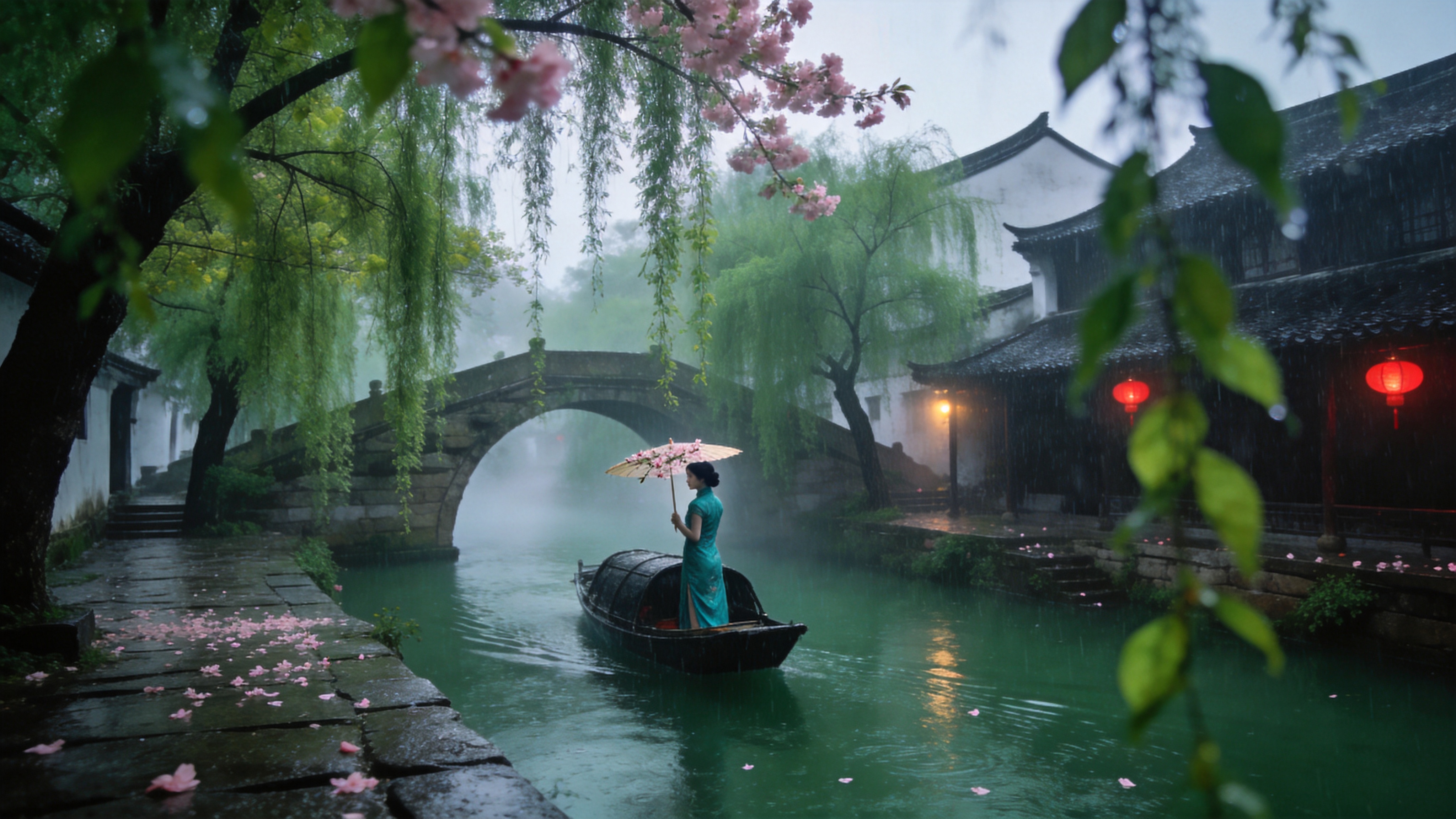 暮春四月的江南水乡，一座被时光遗忘的古老石桥横跨在碧绿的运河之上。两岸的垂柳抽出嫩绿的新叶，柳枝随风轻拂水面，泛起层层涟漪。空中飘洒着如丝如缕的细雨，营造出一种朦胧的诗意。一艘乌篷船缓缓划过桥洞，船头坐着一位穿着青布旗袍的女子，手中撑着一把绘有折枝桃花的油纸伞，正回头凝望，眼神中带着淡淡的愁绪。远处白墙黑瓦的民居错落有致，屋檐下挂着几盏未点亮的红灯笼，几瓣粉色的桃花瓣随风飘落在湿润的青石板路上，画面充满了'落花人独立'的唯美意境。

新中式唯美摄影风格，结合了电影感的光影处理。色调以低饱和度的青绿色（黛色）为主，搭配淡淡的暖粉色点缀，营造出清冷而温润的春雨氛围。采用柔焦效果，增加画面的空气感和朦胧美。光影运用侧逆光，勾勒出人物和柳树的轮廓，雨丝具有晶莹的质感。构图采用三分法，景深层次丰富，前景的虚化柳叶与远景的雾气相结合，呈现出一种仿佛从宋词中走出来的视觉质感。