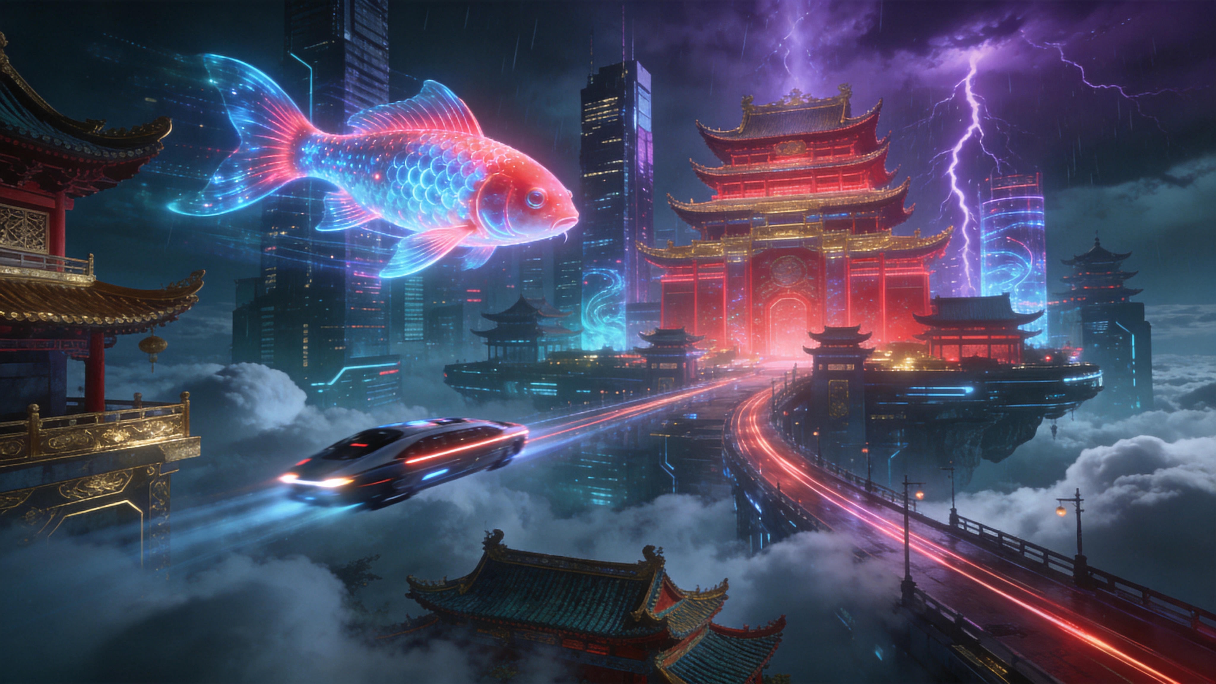 一座悬浮在云端之上的未来东方城市，建筑融合了传统的飞檐斗拱结构与全息投影技术。巨大的全息锦鲤在摩天大楼之间游动，鳞片闪烁着霓虹蓝和洋红色的光芒。街道上空飞驰着流线型的磁悬浮飞车，车灯拉出长长的光轨。画面下方是一片云海，云层中隐约露出古代的琉璃瓦屋顶，将赛博科技与古典神话完美交织。正值夏日雷雨将至，天空中紫色的闪电划破长空，照亮了这座梦幻般的空中楼阁。

赛博朋克与国风结合的概念艺术，宏大的电影级构图。色彩对比强烈，以深青色、洋红、电光蓝为主色调，辅以金色的点缀。光影效果戏剧化，体积光感强，金属质感和全息光效细腻逼真。采用 8K 超高清分辨率，细节丰富，呈现出一种既科幻又神秘的史诗感。