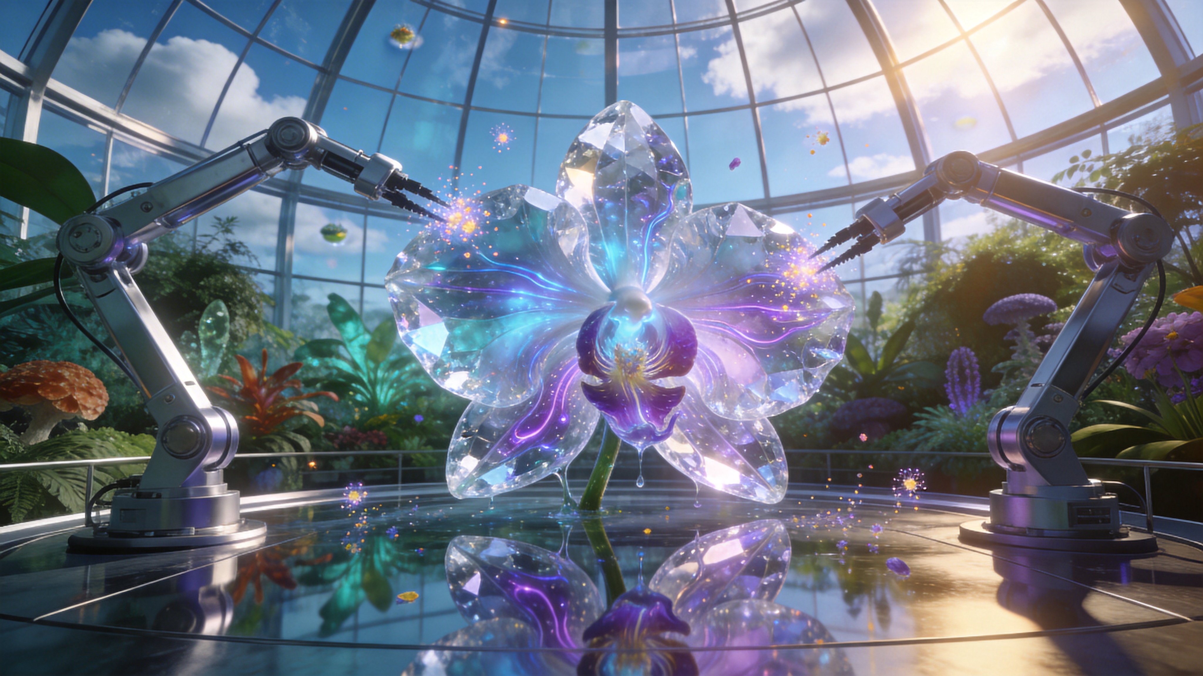 一个充满未来感的温室实验室内部，时间是4月的春季。巨大的透明穹顶外是湛蓝的天空和飘浮的云朵。画面中央是一株经过基因编辑的巨型水晶兰花，它的花瓣由半透明的发光晶体构成，内部流淌着液态的能量，散发出幽蓝和紫罗兰色的荧光。周围环绕着精密的银色机械臂正在进行修剪作业，空气中漂浮着发光的花粉粒子。背景是郁郁葱葱的奇异植物，地面铺设着反光的金属镜面，倒映着这株奇异的兰花，展现出科技与自然完美融合的景象。

3D 概念艺术与科幻插画风格，类似 C4D 渲染的高质感。视觉风格追求极致的细节和通透感，材质上强调玻璃、晶体与金属的光泽对比。色调为冷色调，以青色、紫色、银色为主，辅以暖色的环境光点缀。光影效果戏剧化，使用体积光（God Rays）模拟阳光射入温室的效果，整体氛围神秘、高端且充满科技美学。