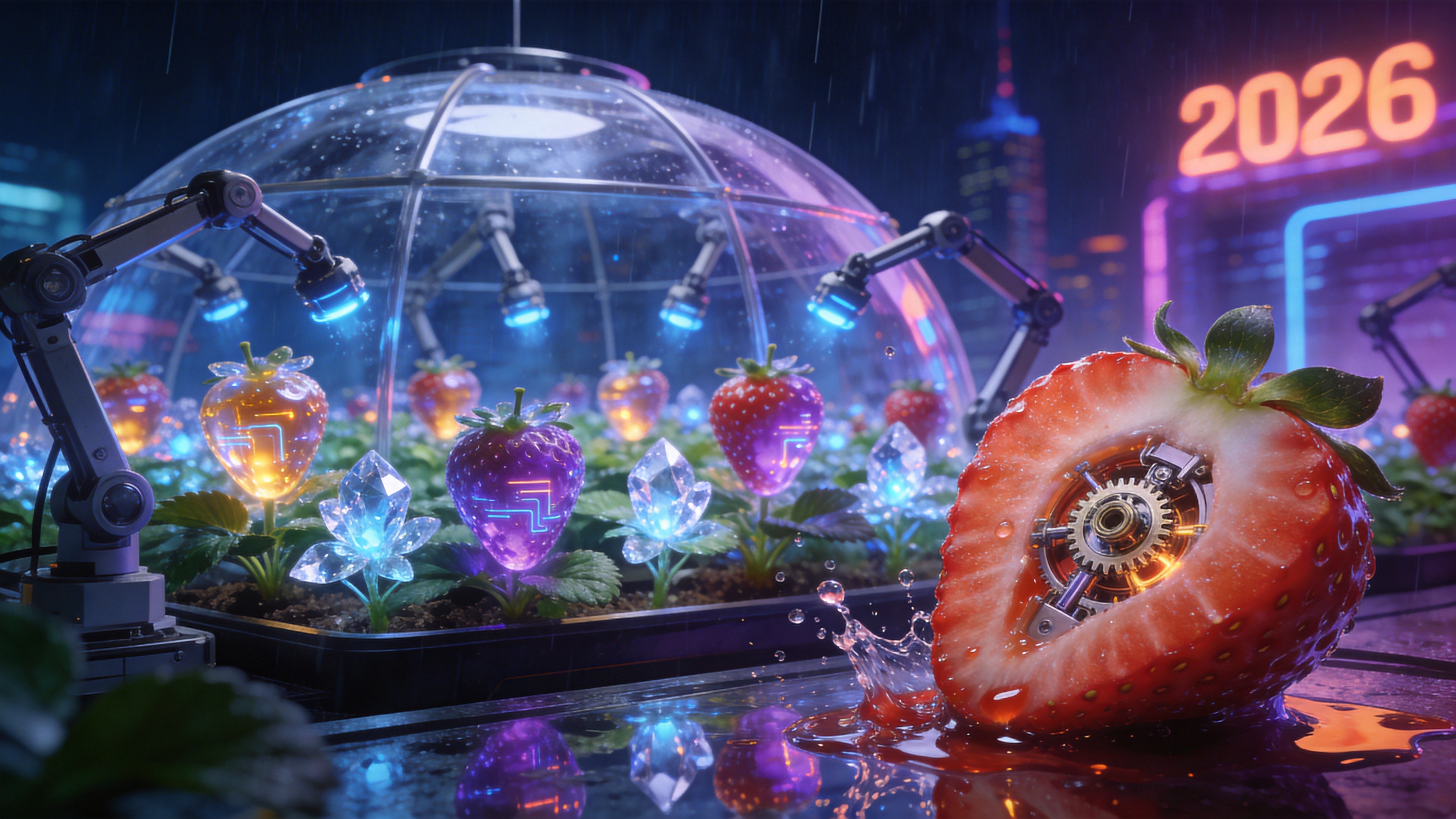 这是一个充满未来主义色彩的‘春季赛博农场’内部场景。巨大的透明穹顶之外是2026年霓虹闪烁的雨夜城市，穹顶内则是恒温恒湿的春日景象。无数悬浮的机械臂正在照料着发着微弱蓝光的转基因水晶草莓植株。这些草莓并非鲜红，而是呈现出半透明的琥珀色和紫色，内部仿佛流淌着液态的数据流。前景是一颗巨大的、被切开的草莓，切面处不仅有果肉，还隐约可见精密的微型齿轮结构在运转，汁水飞溅的瞬间被定格，折射着周围霓虹灯的倒影。

赛博朋克概念艺术风格，受《银翼杀手2049》视觉美学启发。强烈的冷暖对比色，背景是深邃的暗蓝与紫，前景是高饱和度的霓虹光。材质强调金属、玻璃与发光生物组织的质感。光影戏剧性强，使用体积光和辉光效果，渲染引擎为Unreal Engine 5级别，细节极致丰富，展现科技与自然碰撞的奇观。