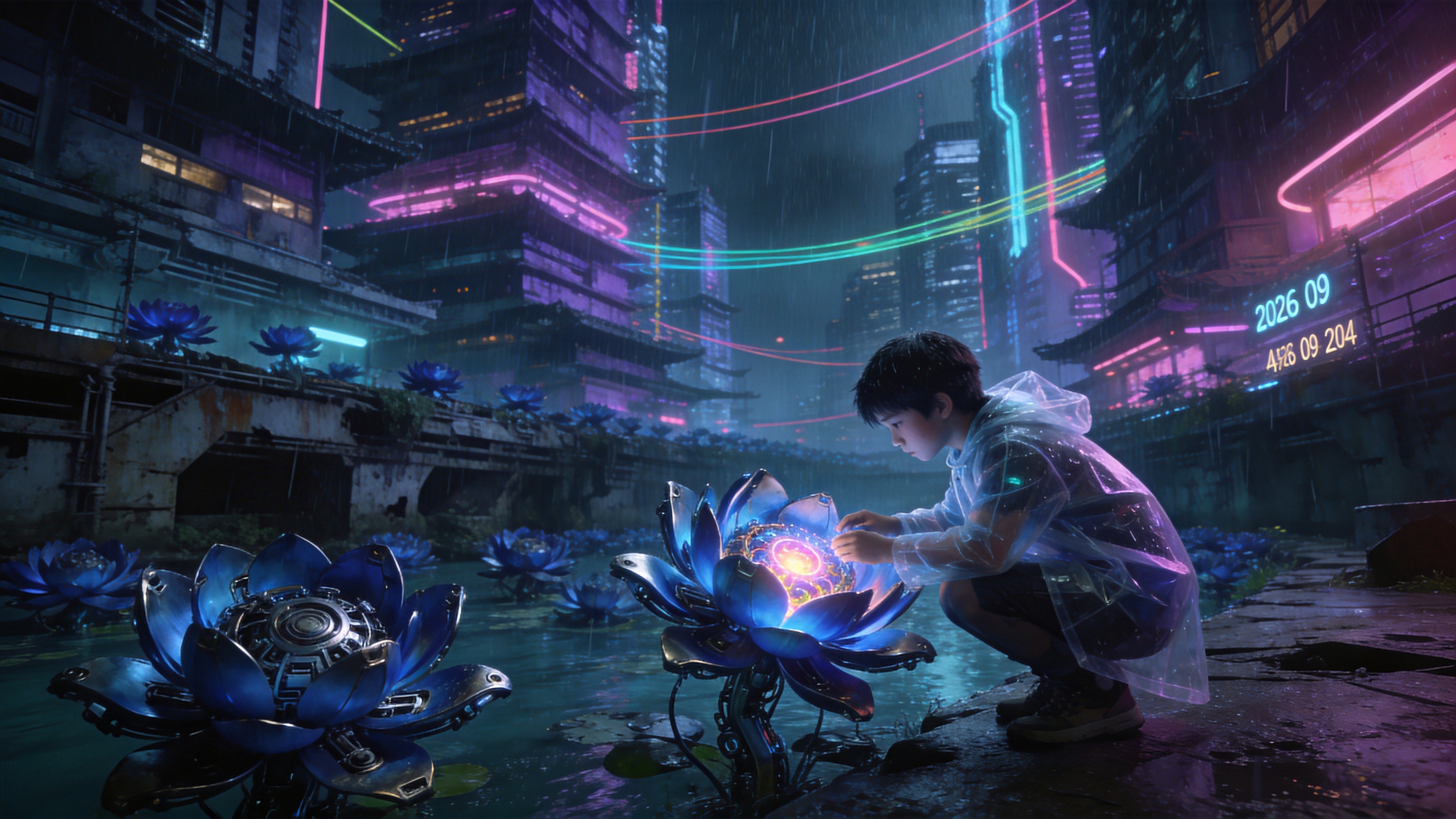 未来的赛博都市，时间是2026年4月4日的夜晚。这是一个被霓虹灯光照亮的立体城市，建筑高耸入云，层层叠叠。在城市的最低层，一条废弃的运河中开满了巨大的、发着幽幽蓝光的机械莲花，这是在这个科技废土中顽强生长的“春意”。天空中下着淅淅沥沥的酸雨，雨丝在霓虹灯的映照下如同彩色的线。一个身穿透明雨衣的少年正蹲在河边，手中小心翼翼地呵护着一朵刚刚绽放的机械花苞，金属花瓣正在缓缓打开，露出一颗发光的有机核心。

赛博朋克概念艺术风格，强烈的冷暖对比。主色调为深紫、青蓝与霓虹粉。强调光影的戏剧性，体积光（Volumetric Lighting）营造出潮湿、神秘的雨夜氛围。材质上强调金属的冷硬与光的流动感。画面构图具有电影感，广角镜头增强视觉冲击力，细节丰富，充满对未来科技的遐想与人文关怀。