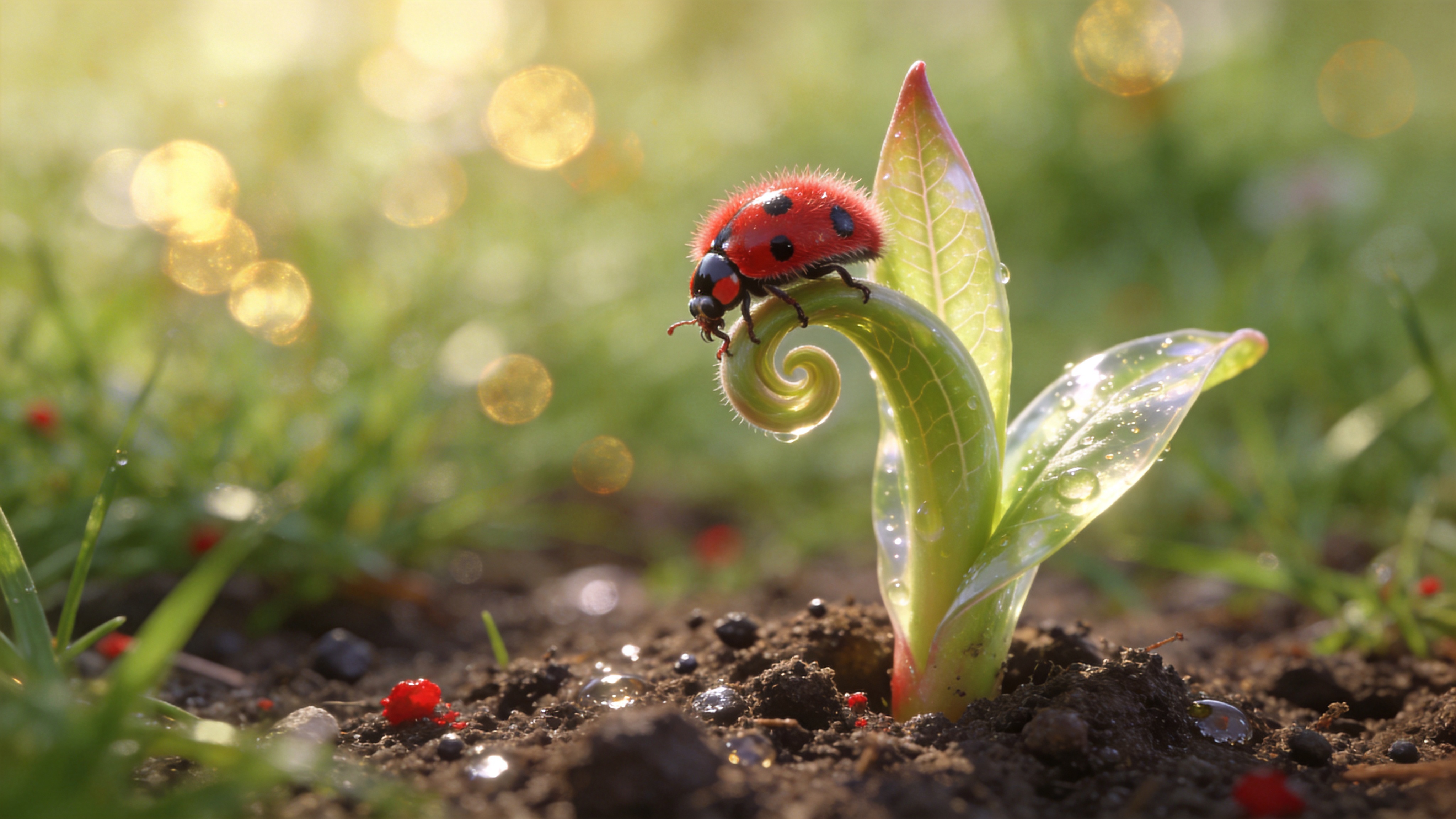 微距镜头下的春日微观世界，拍摄对象是刚刚破土而出的野生嫩芽和一只正在苏醒的七星瓢虫。嫩芽的叶片呈现出半透明的嫩绿色，叶脉清晰可见，上面还沾着湿润的泥土颗粒。瓢虫红色的甲壳上有着细腻的绒毛感和光泽感，它正小心翼翼地攀爬在卷曲的叶片尖端。背景是经过焦外虚化处理的春日草地，斑驳的阳光透过缝隙形成散景光斑，仿佛金色的粉末洒落在绿色的海洋中，充满了生命的张力。

超写实微距摄影风格，追求极致的细节还原和景深效果。画质要求达到8K分辨率，色彩还原真实自然，重点强调绿色的层次感和红色的点缀。光影采用自然顶光，强调通透感和立体感。具有微距镜头特有的浅景深效果，背景形成柔和的奶油般光斑，整体画面清新、治愈，展现大自然的微观之美。