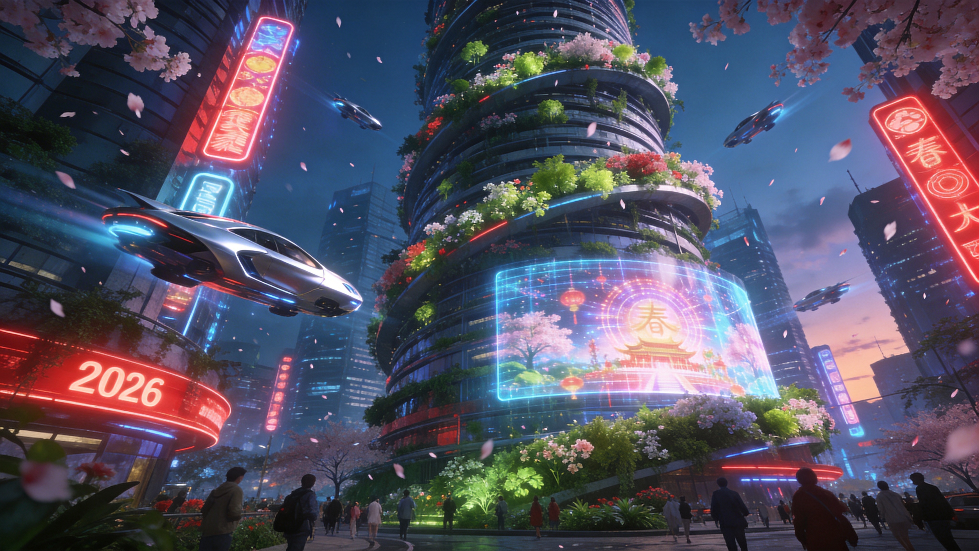 未来的垂直森林城市，时间是2026年的傍晚，巨大的螺旋状摩天大楼表面覆盖着盛开的春日花卉和嫩绿的植被，仿佛一座通天的空中花园。几架流线型的银色飞行汽车穿梭在发光的霓虹灯牌之间，楼体全息投影屏幕上正播放着春分庆典的动态光影。街道上行人熙攘，全息投影的樱花雨从天而降，与真实的植物交织在一起，科技与自然完美共生。

赛博朋克概念艺术风格，具有强烈的电影级光影效果。色彩高饱和度，使用霓虹蓝、洋红与生态绿形成强烈对比。强调金属质感、玻璃反光与全息投影的透明感。视角为广角仰视，展现建筑的宏伟与垂直纵深感，画面锐利清晰，充满未来主义的视觉冲击力。