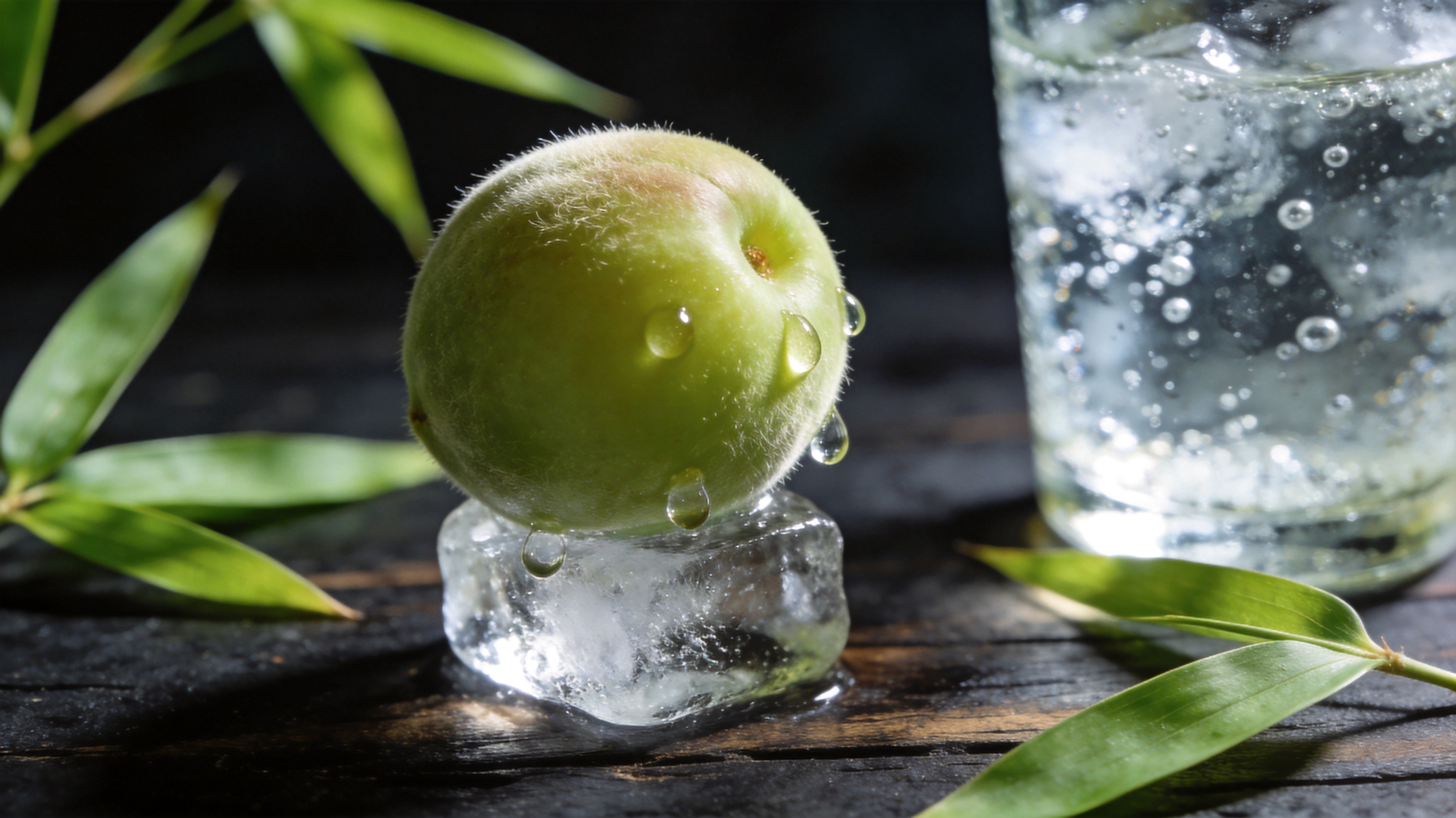 特写镜头展示一颗刚从冰水中捞起的青梅，青梅表皮的绒毛清晰可见，挂着几颗晶莹剔透的水珠。背景是深色的老式木桌，散落着几片鲜嫩的竹叶和半杯冒着气泡的苏打水。光线来自侧逆光，勾勒出青梅翠绿通透的轮廓，仿佛能尝到那酸涩清脆的口感。画面传达出暮春初夏时节，万物生长的清新与活力。

超写实商业美食摄影，微距镜头，景深极浅，光影对比强烈，冷色调为主，强调材质的纹理与质感，8K分辨率，广告级画质