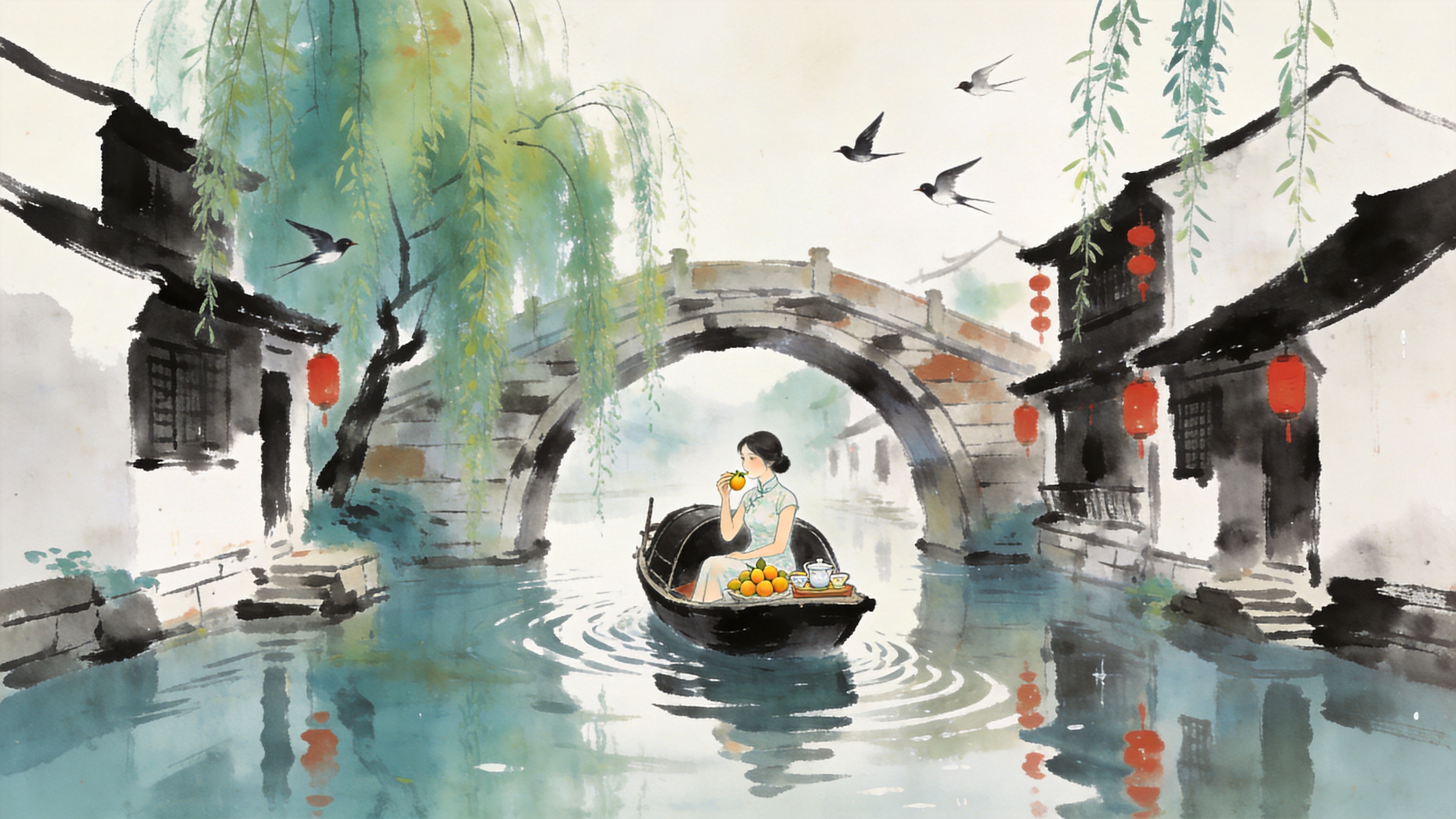江南水乡的初夏时节，一座古老的石拱桥横跨在平静的河面上。岸边垂柳依依，嫩绿的柳枝轻拂水面，几只燕子低空掠过。一艘乌篷船缓缓穿过桥洞，船头坐着一位穿着素雅旗袍的女子，正在品尝新鲜的枇杷，旁边放着精致的茶具。水面波光粼粼，倒映着两岸的白墙黑瓦和红灯笼，充满了生活气息和诗意。

新中式水墨插画风格，结合了传统水墨的晕染技法与现代插画的构图。笔触飘逸流畅，色彩淡雅，以青绿、赭石和留白为主。光影处理含蓄，注重意境的表达，营造出一种朦胧、湿润且富有文化底蕴的视觉效果，仿佛一幅流动的画卷。