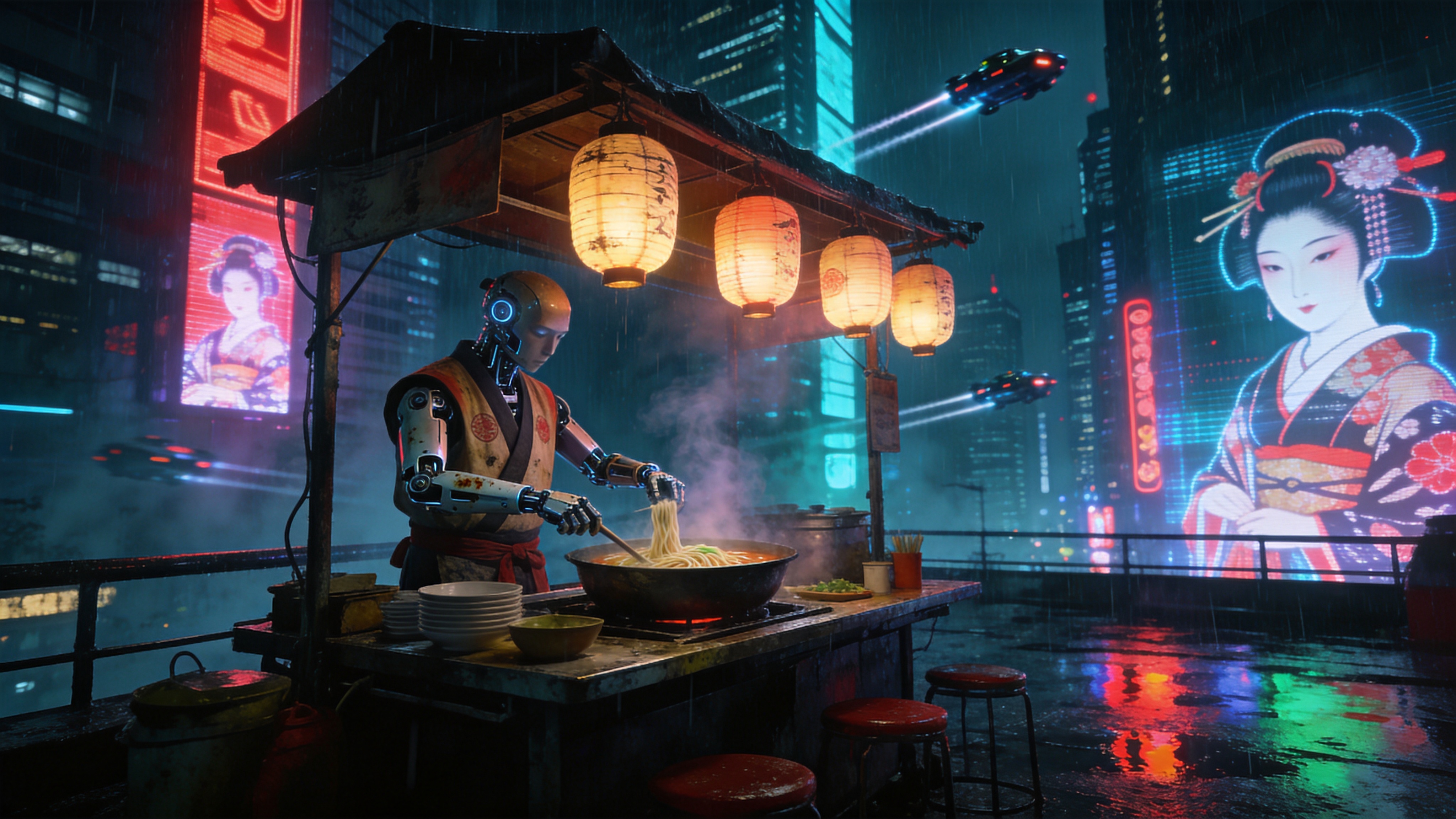 这是一个充满赛博朋克气息的未来城市街头夜景，设定在2026年的夏末。画面中心是一个复古的露天拉面摊位，摊位上方悬挂着几盏还在发光的旧纸灯笼。摊主是一位身穿传统日式坎肩的机器人，身上有明显的机械磨损痕迹，正用机械臂熟练地搅动着热气腾腾的面汤。周围是高耸入云的霓虹灯摩天大楼，全息投影的巨大艺伎广告在雨雾中闪烁。地面潮湿，反射着五颜六色的霓虹倒影，几辆悬浮飞车在空中掠过，留下的尾迹划破夜空。

赛博朋克写实主义摄影风格，强烈的冷暖色调对比（青色与洋红色），高对比度，暗部细节丰富。雨夜质感，体积光，光线追踪渲染，虚幻引擎5级别画面。镜头带有轻微的胶片颗粒感，广角镜头，捕捉喧嚣中的孤独瞬间。