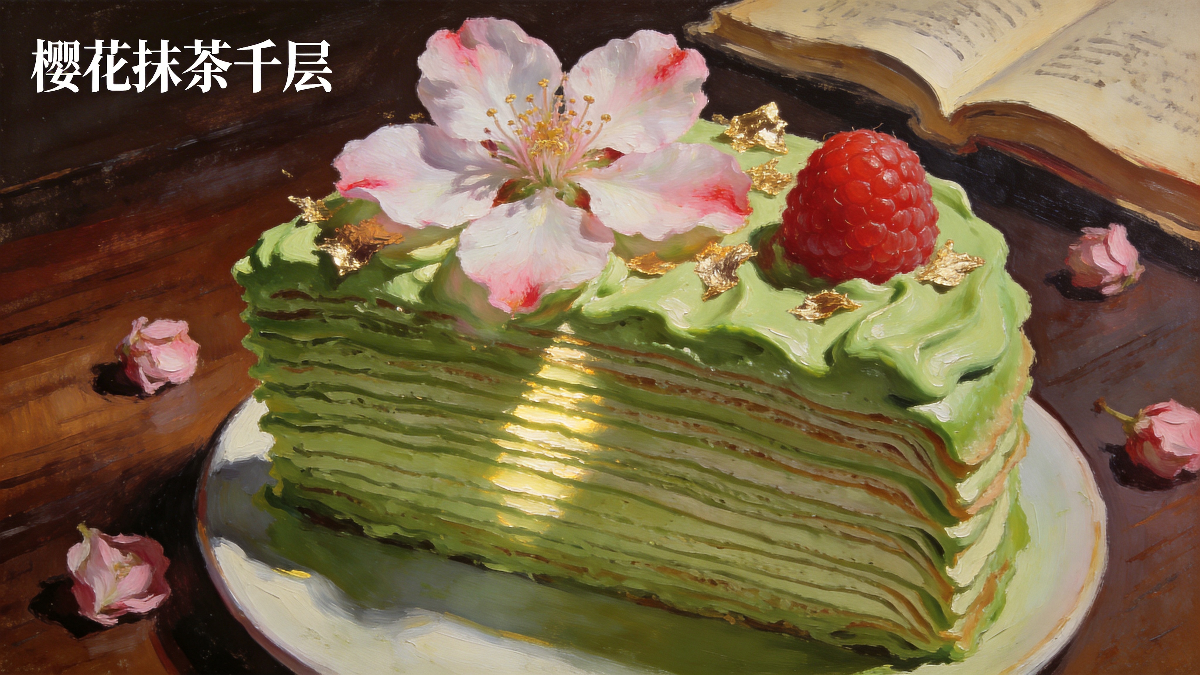 特写视角下的春季限定美食——'樱花抹茶千层'。蛋糕切面清晰地展示了二十层极薄的可丽饼，层层之间涂抹着如翡翠般细腻的宇治抹茶奶油。蛋糕顶部覆盖着一整朵盐渍樱花，花瓣舒展，边缘泛着淡淡的粉红，周围点缀着金箔和一颗鲜红欲滴的树莓。背景是一块深胡桃木色的木质餐桌，散落着几颗粉色的干花和一本翻开的旧书，一束暖侧光打在奶油的纹理上，营造出丝滑丰盈的质感。

商业美食摄影风格，极致的微距细节。采用 50mm 微距镜头，F/2.8 光圈，景深极浅，聚焦于蛋糕切面的纹理。色彩浓郁且高级，强调抹茶的翠绿、樱花的柔粉与木质的深棕之间的和谐。布光采用经典的伦勃朗光，强调高光反射和阴影层次，画面具有油画般的厚重感和令人垂涎的食欲感。